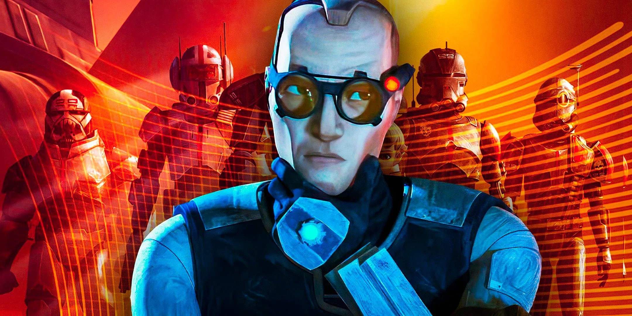 Tech holds his chin in thought, edited over the members of Clone Force 99 Image