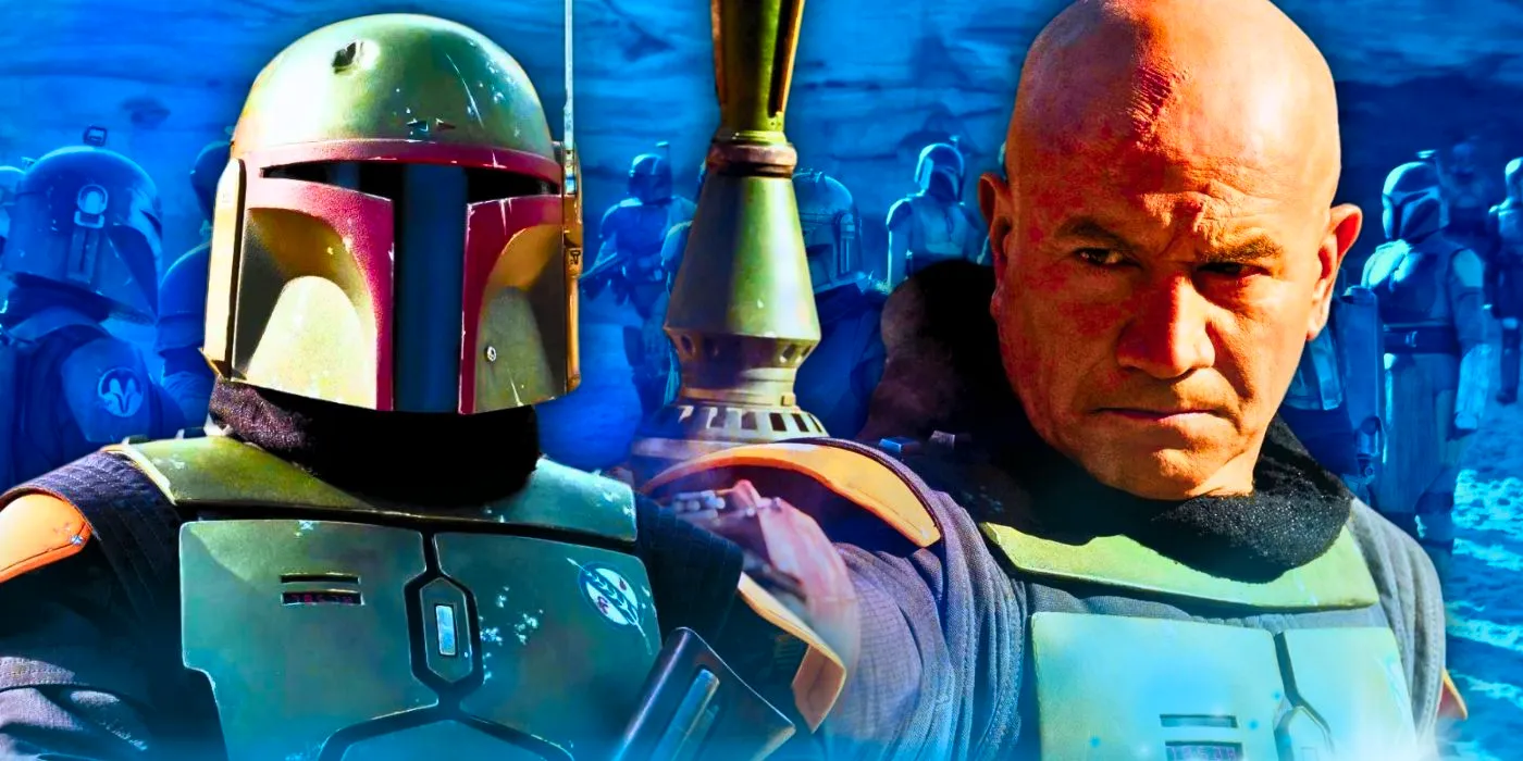 Temuera Morrison as Boba Fett without his helmet to the left and with his helmet to the right in front of a blue image showing multiple Mandalorians Image