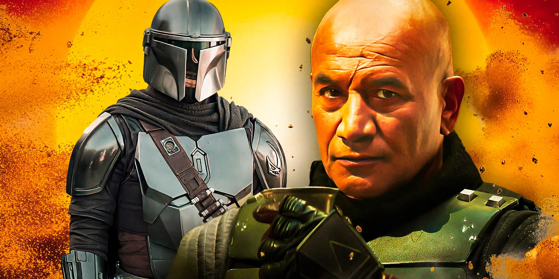 Temuera Morrison's Boba Fett and Din Djarin in Star Wars, edited together with sand graphics Image