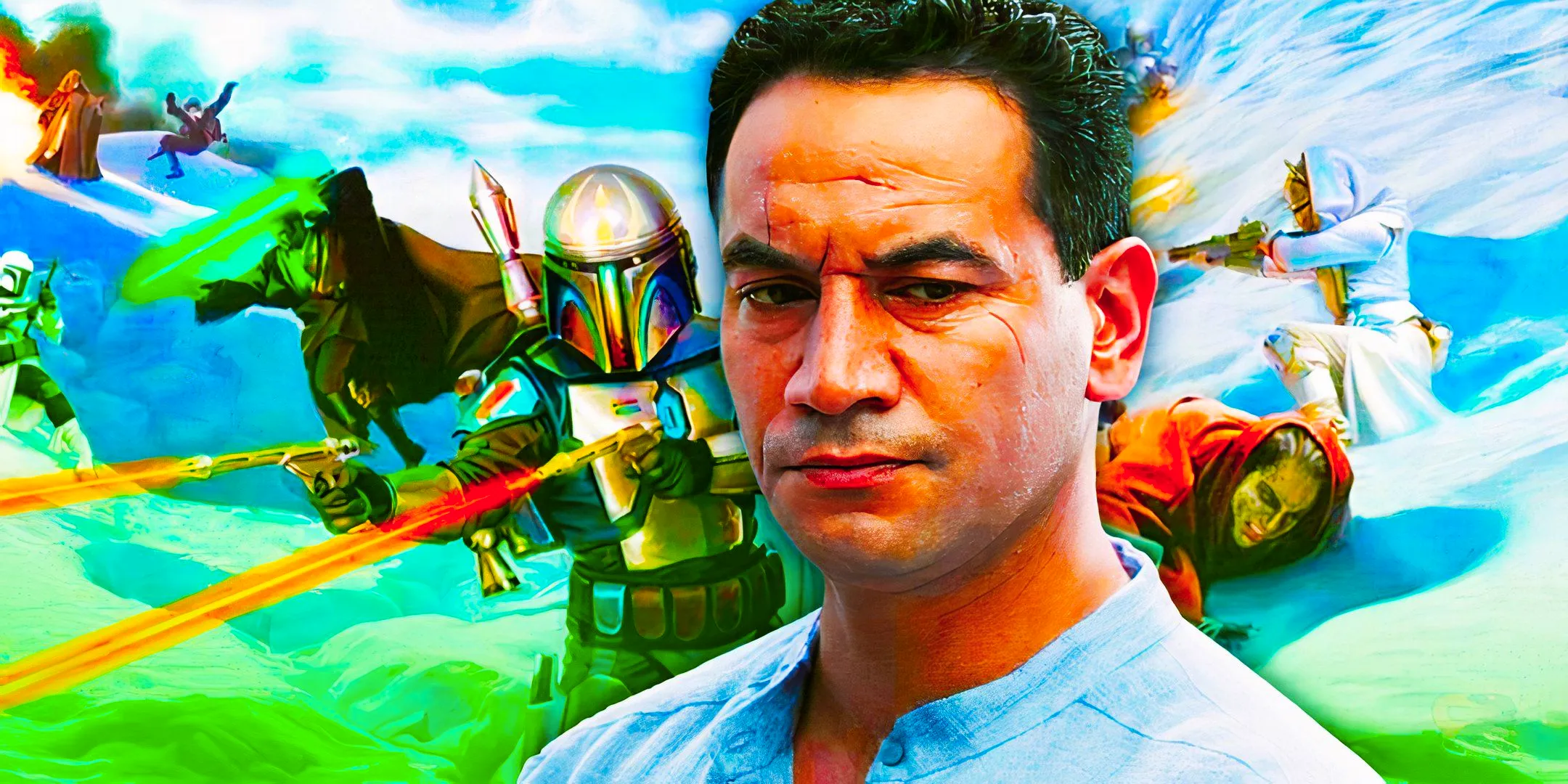 Temuera Morrison's Jango Fett on Kamino looks thoughtful, edited with the Mandalorian Death Watch in Star Wars Legends Image