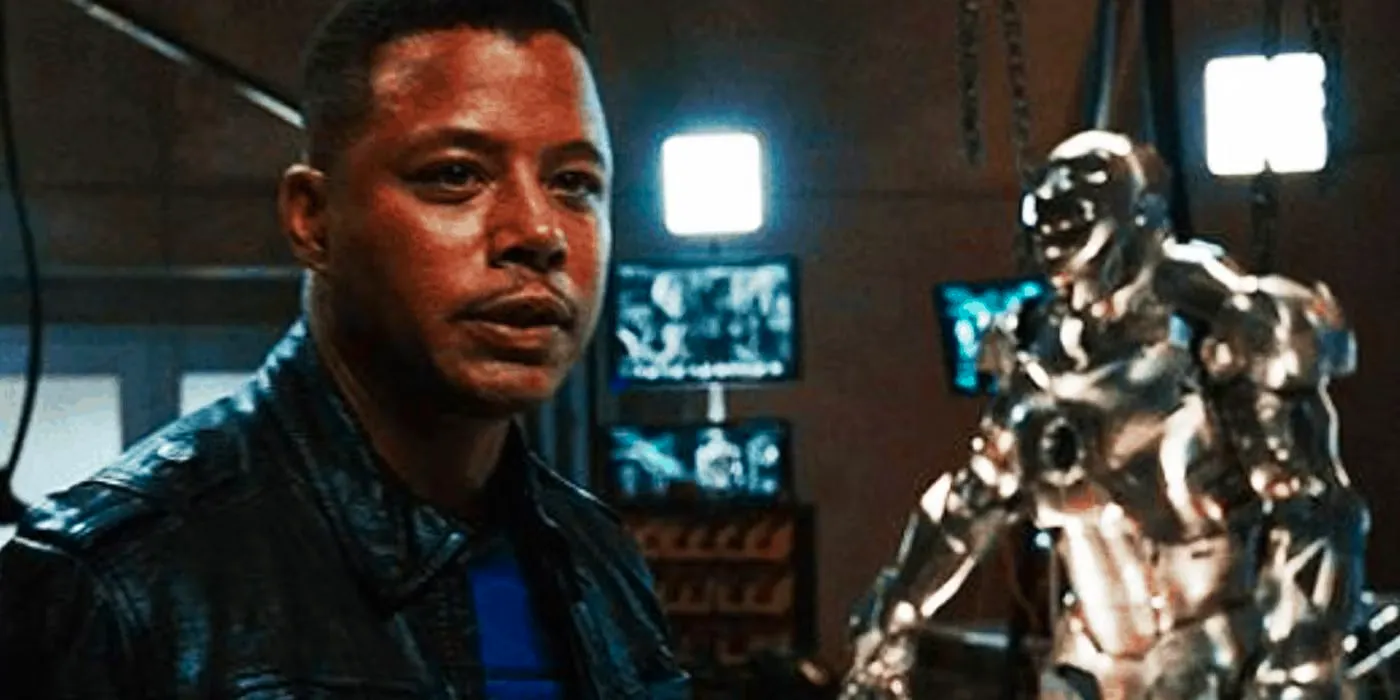 Terrence Howard as Rhodey standing in front of his War Machine armor in Iron Man (2008) Image