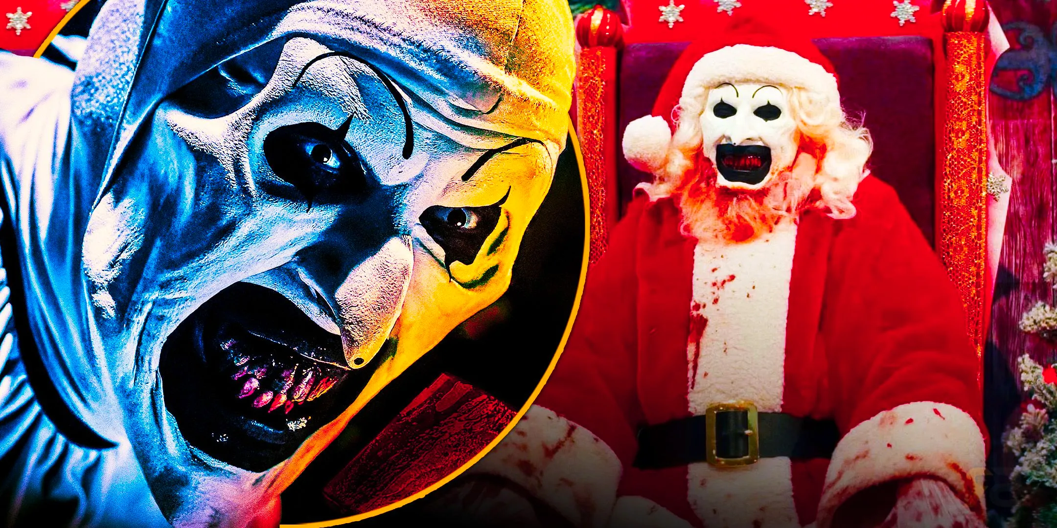 Terrifier 3 image of Art the Clown as Santa paired with an even more menacing image of Art the Clown Image