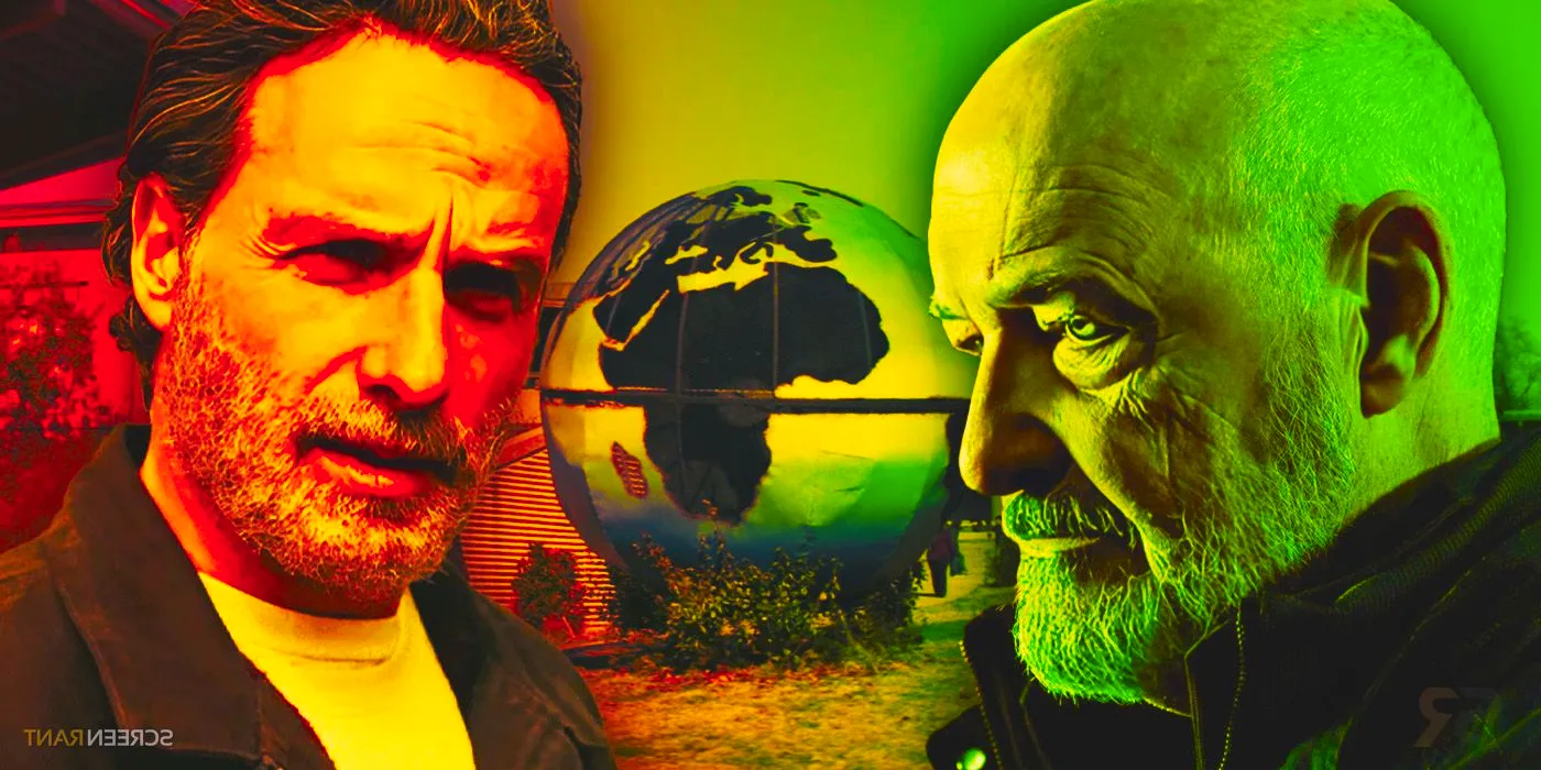 Terry O Quinn as Major General Beale, Andrew Lincoln as Rick, and a CRM globe in The Walking Dead. Image