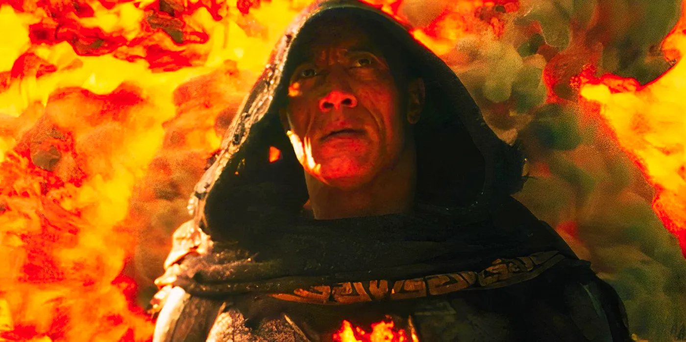 Teth-Adam walking through flames in Black Adam Image