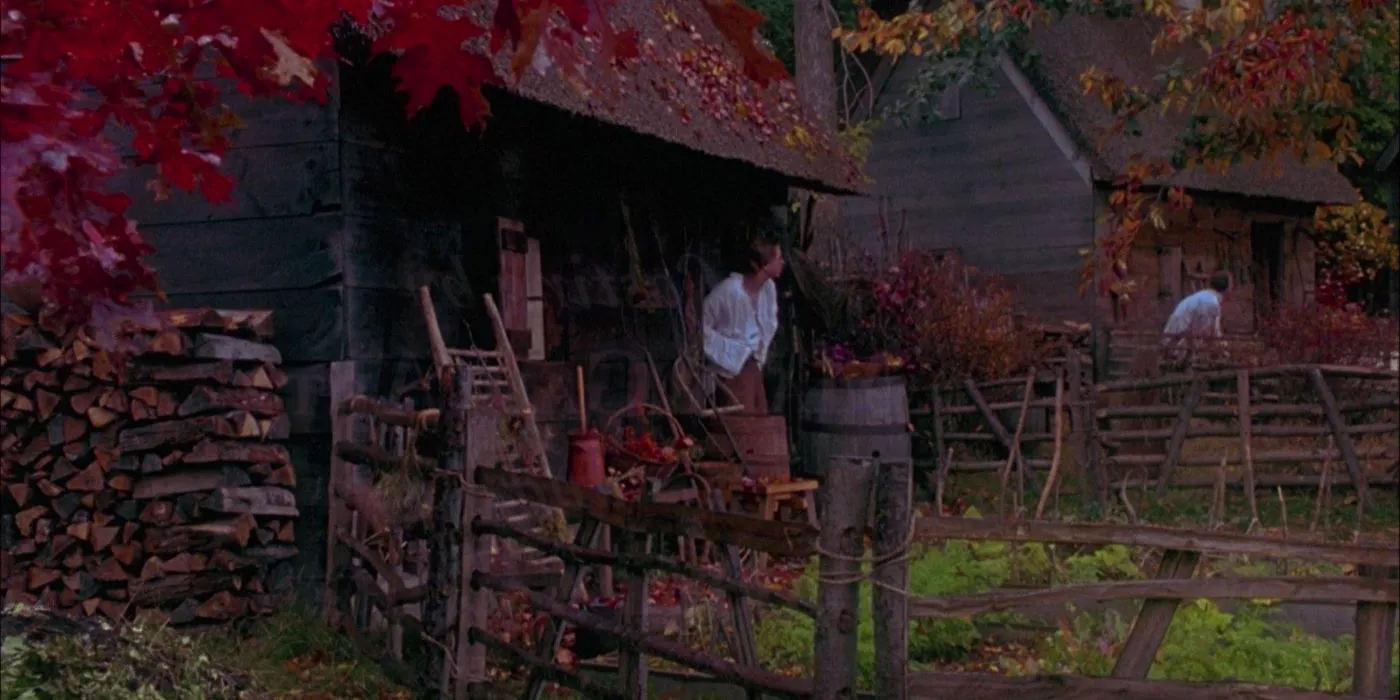 Thackery Binx (Sean Murray) walking out of his log cabin in 1693 Salem in Hocus Pocus. Image