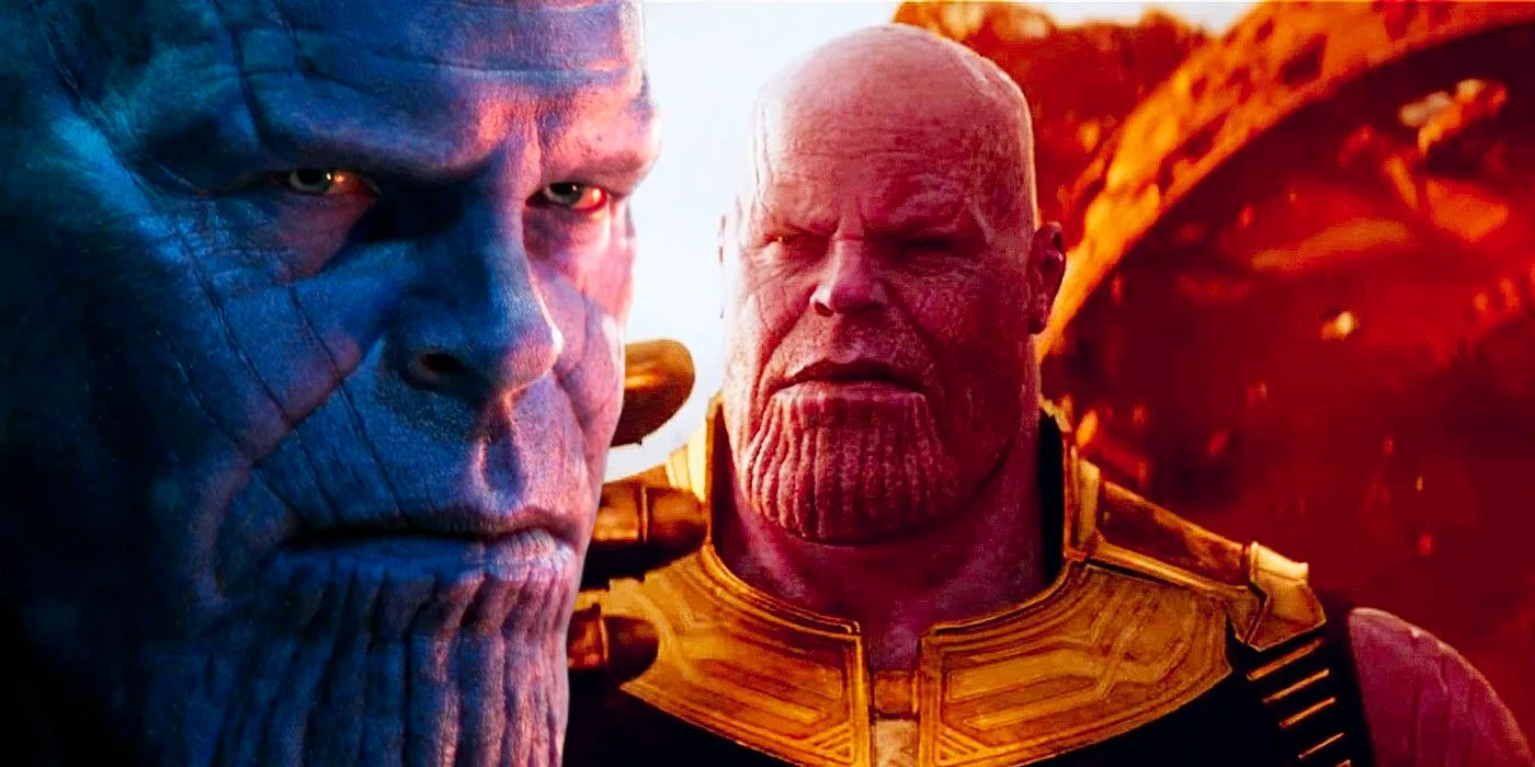 Thanos in avengers infinity war on Titan, and thanos close up from endgame Image