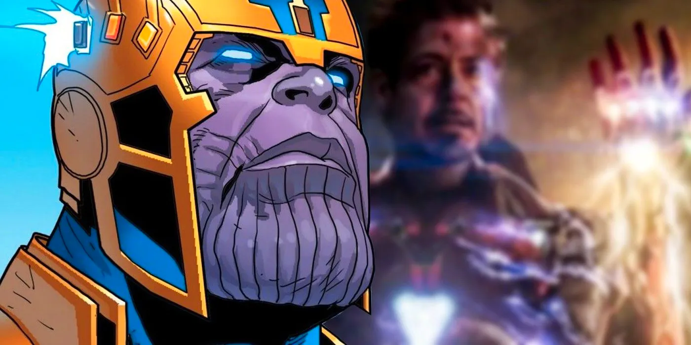 thanos' infinity crown and tony stark with infinity gauntlet Image