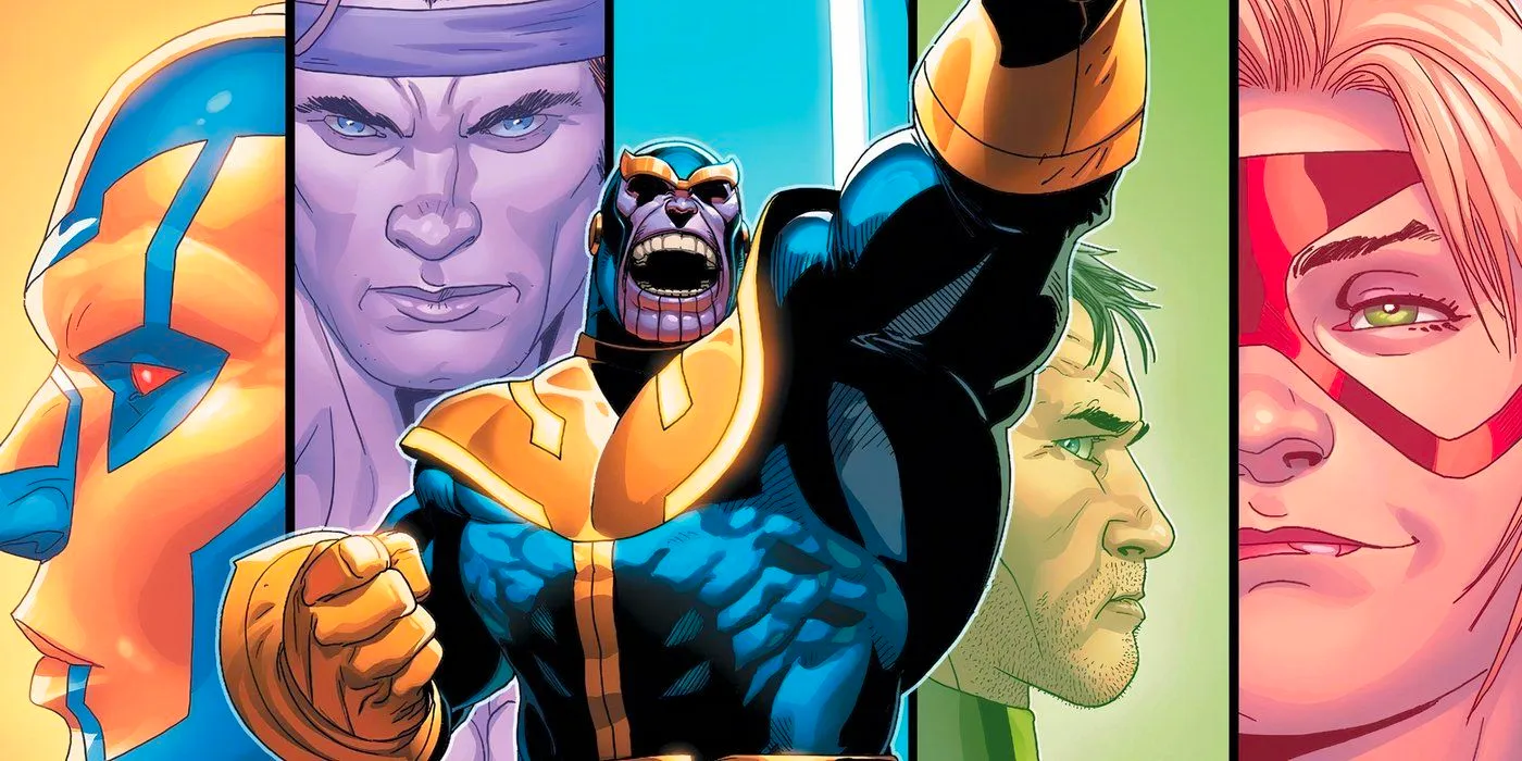 Thanos screaming with the Infinity Watch behind him. Image