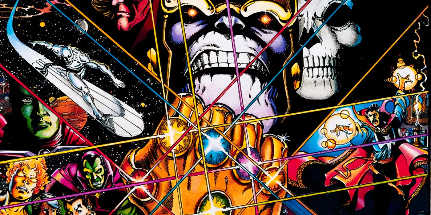 Thanos wielding all six Infinity Stones in Marvel Comics' Infinity Gauntlet.  Image