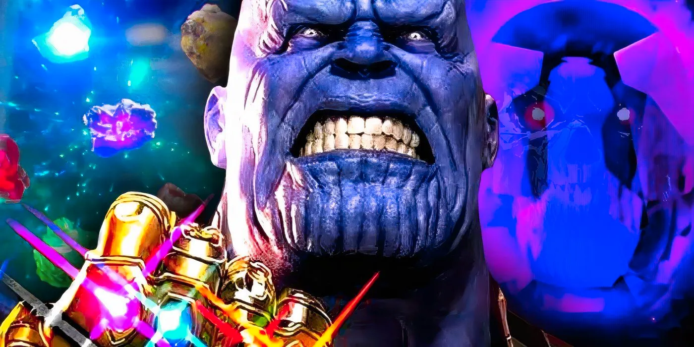 Thanos wielding the Infinity Gauntlet with the Death Stone behind him. Image