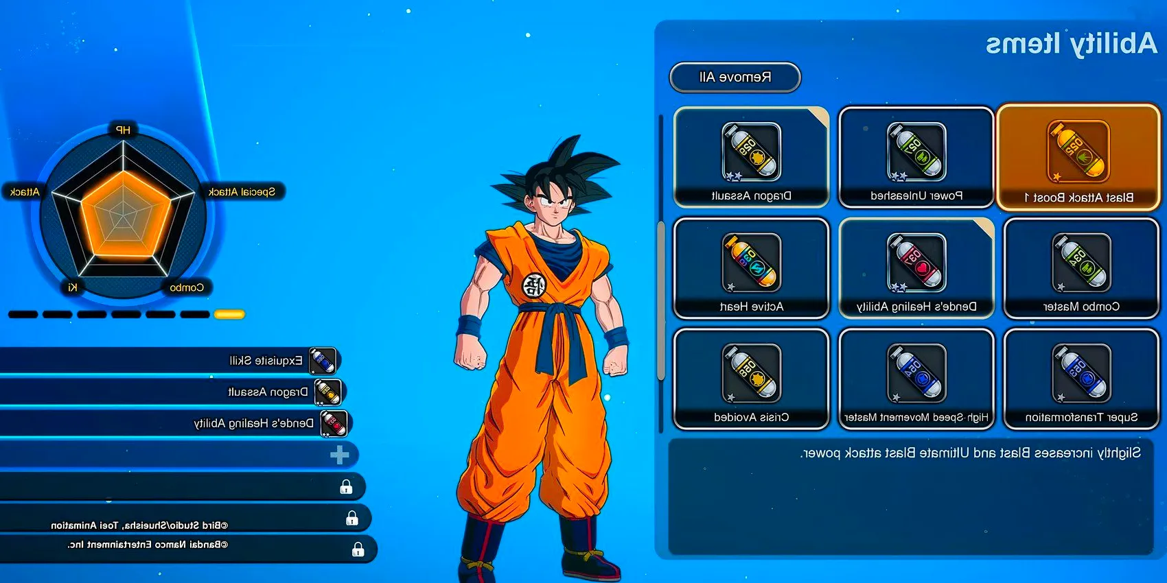 The Ability Item selection screen in Dragon Ball: Sparking! Zero. Image