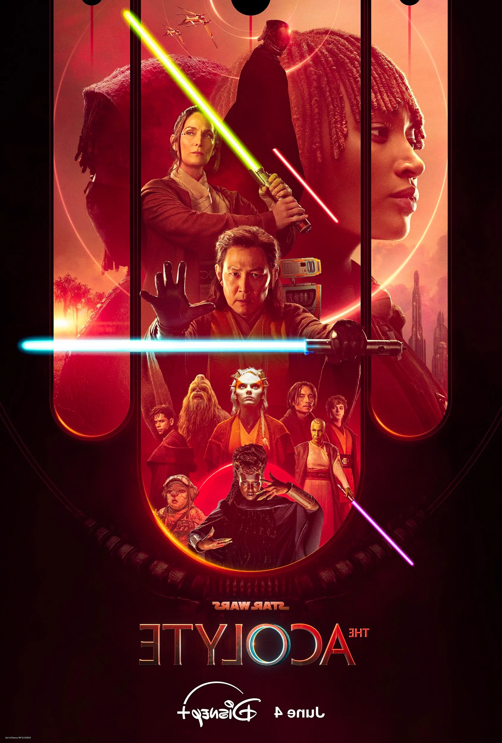 The Acolyte Poster Showing Jedi Order, Mae, and a Sith Lord Holding Lightsabers Image