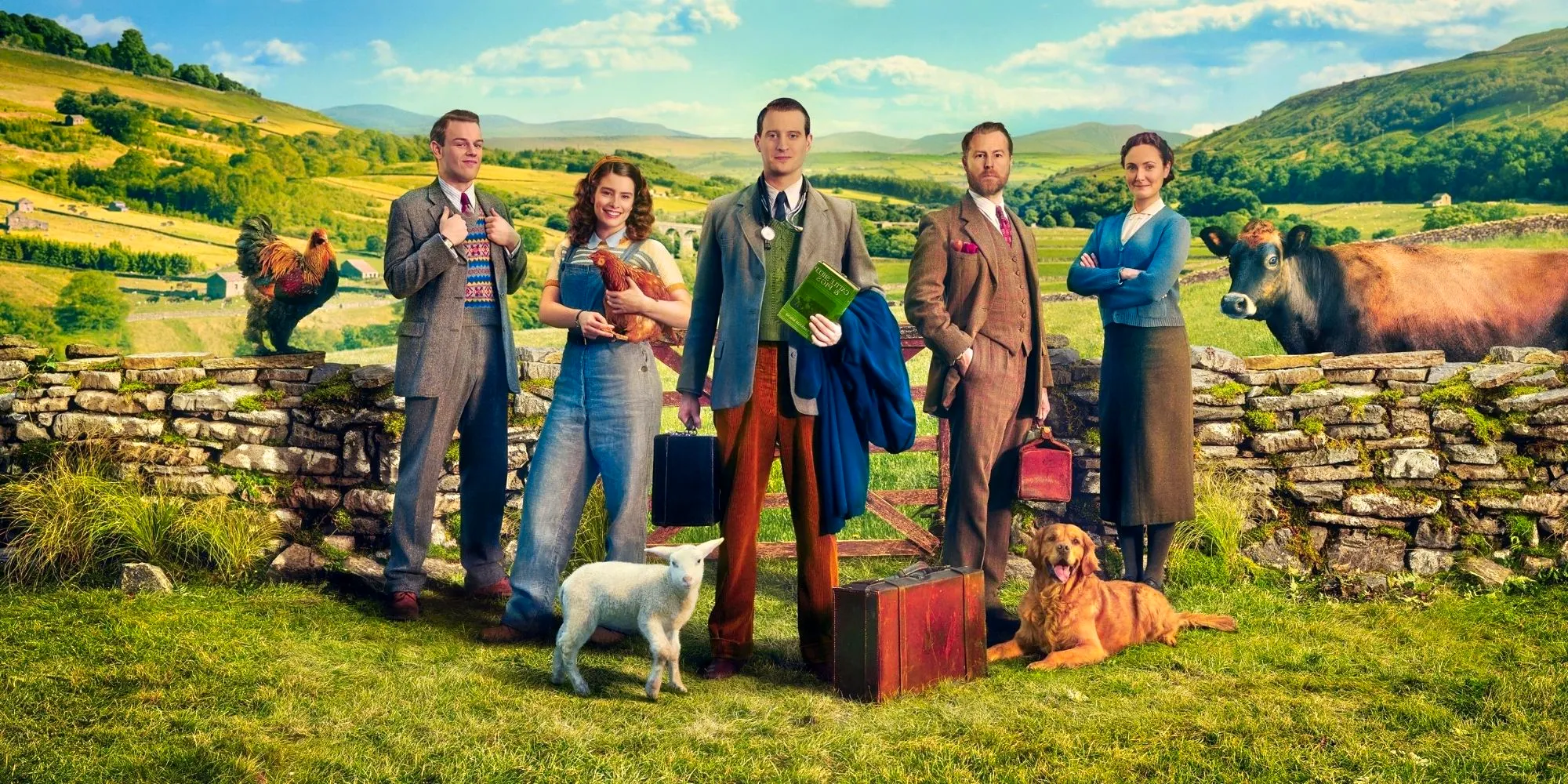 The All Creatures Great And Small cast posing in the country surrounded by farm animals Image