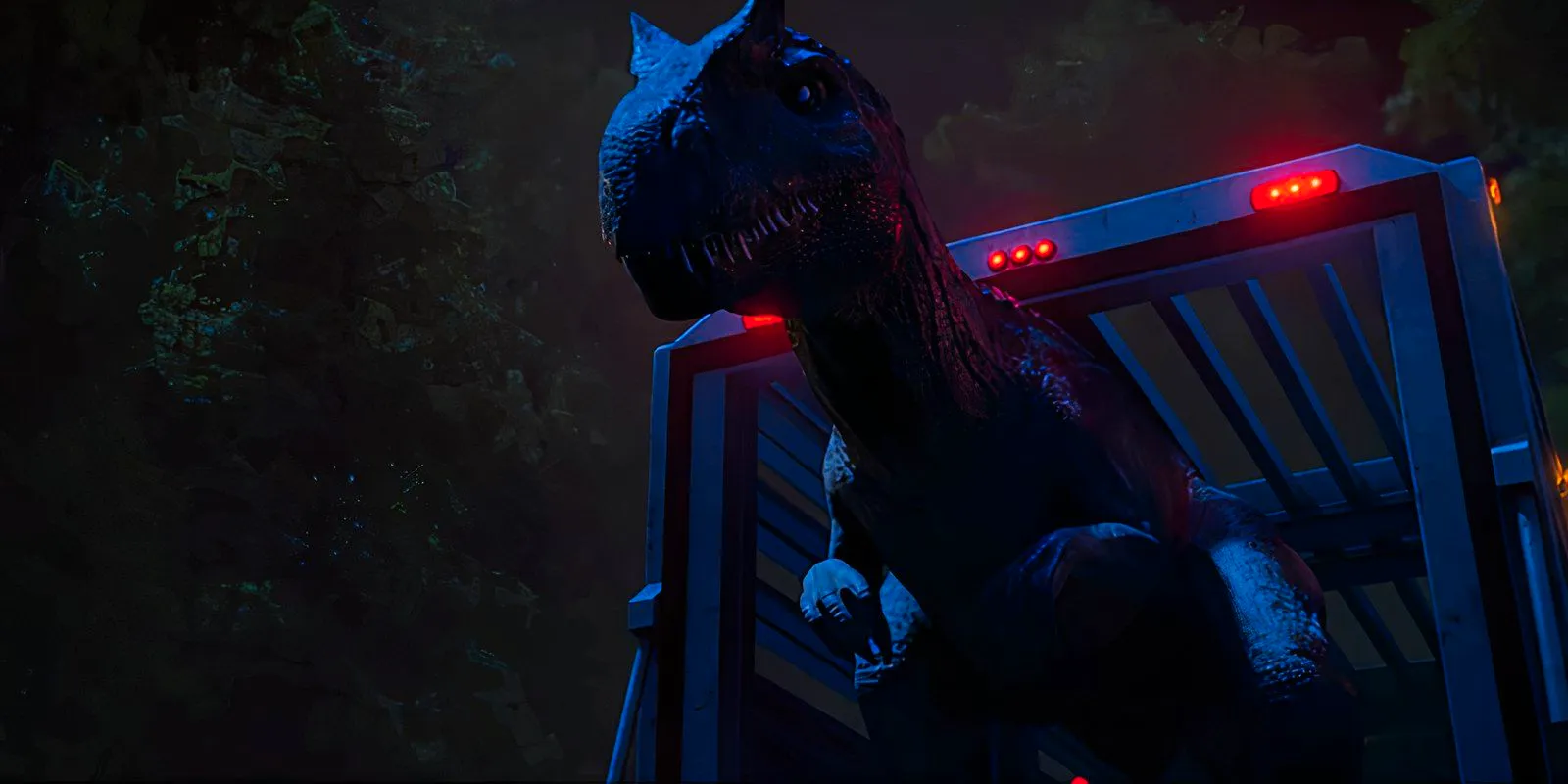 The allosaurus comes out of the back of a transport van in Jurassic World: Chaos Theory. Image