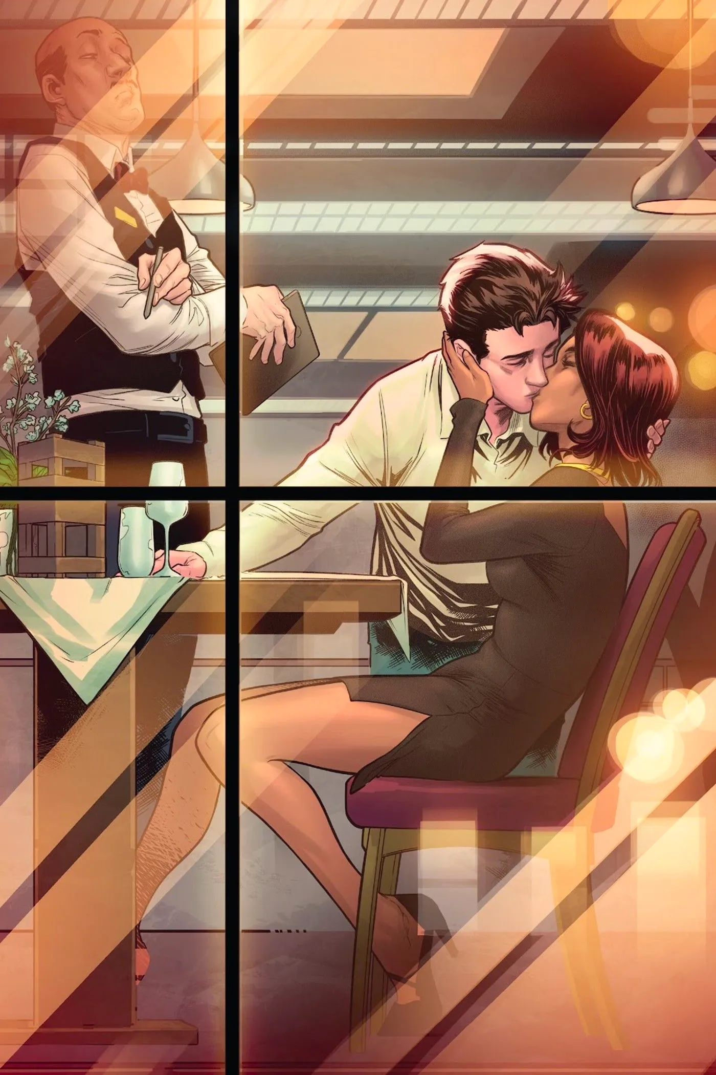 The Amazing Spider-Man #55, view through the window as Peter Parker kisses Shay. Image