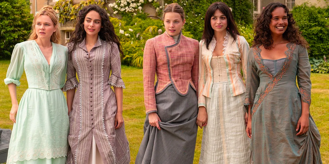 The Americans stand in their simple dresses on the lawn looking on in The Buccaneers Image