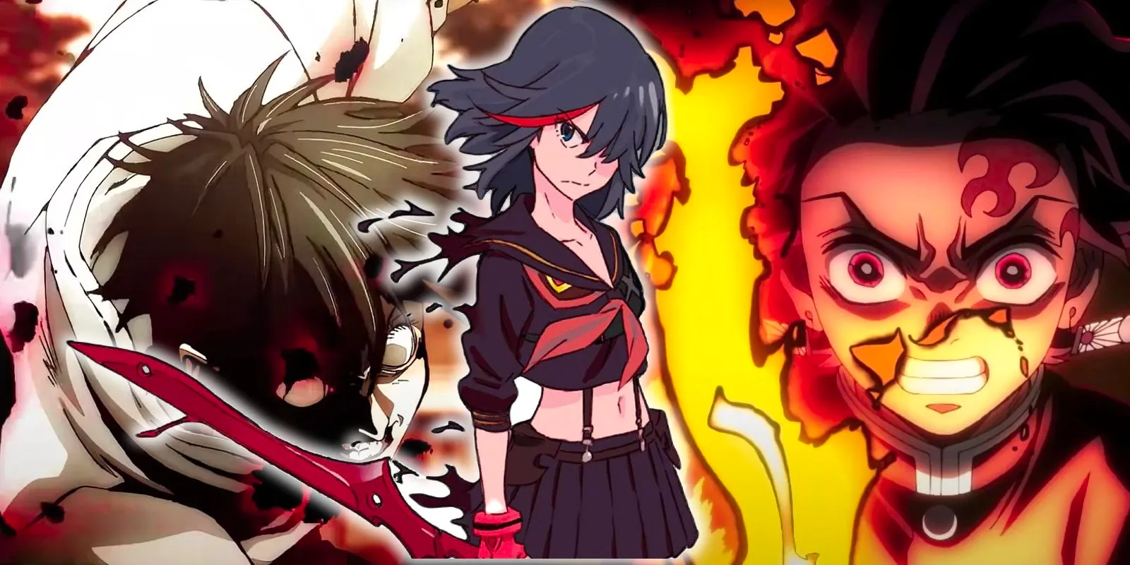 The anime with the best sakuga, showing Tanjiro from Demon Slayer, Ryuko from Kill la Kill, and Yuta from Jujutsu Kaisen Image