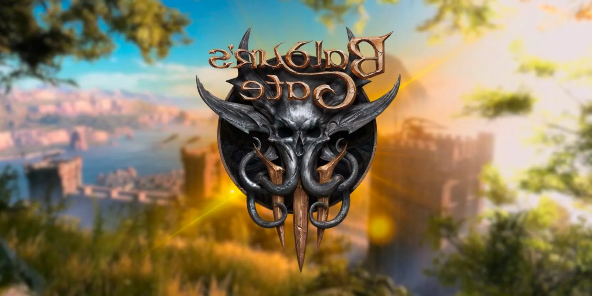 The Baldur's Gate 3 Logo over the main menu background, a walled city surrounded by forests Image