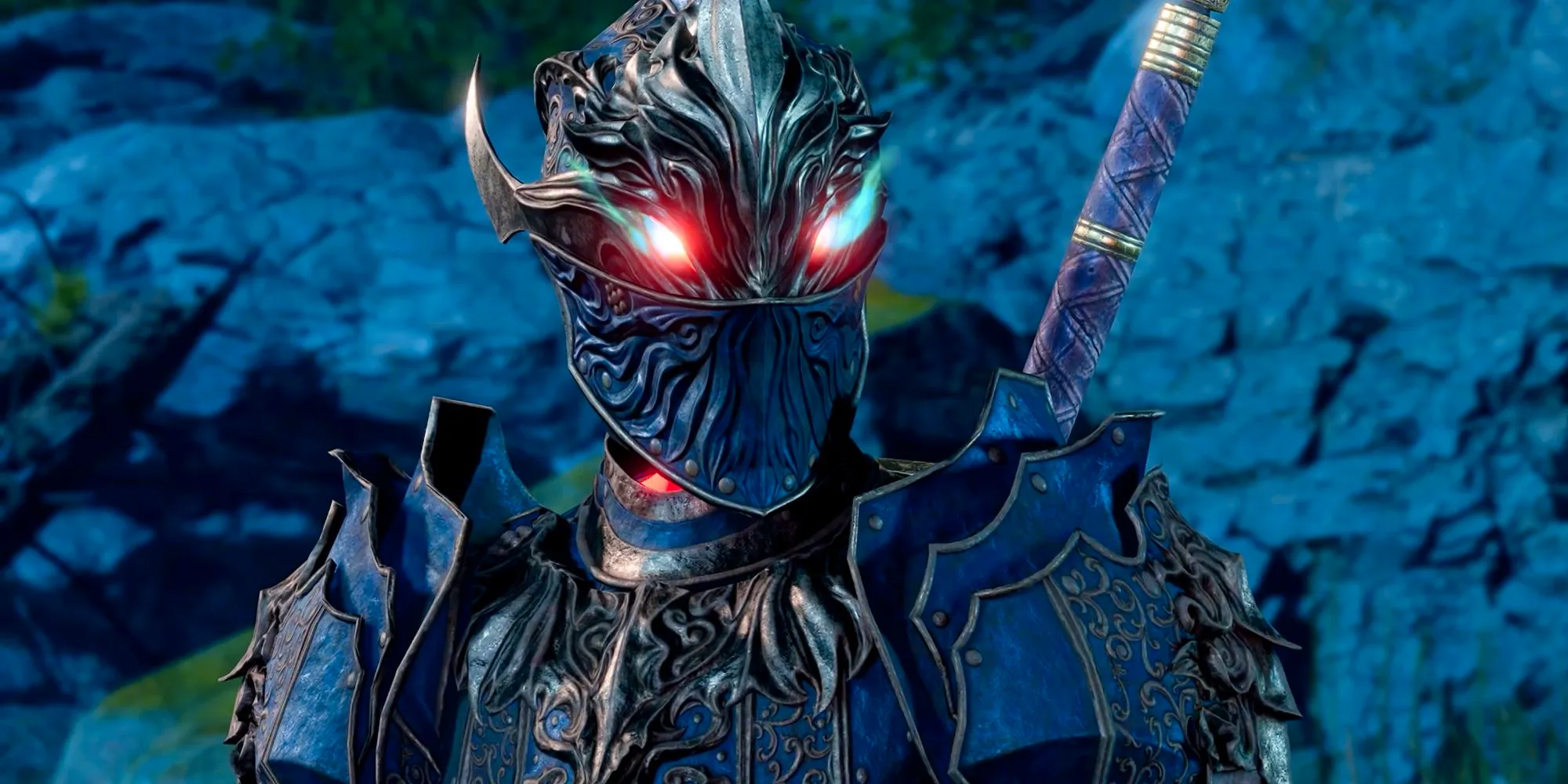 The Baldur's Gate 3 NPC players encounter when a paladin breaks their oath, a ghastly, undead knight with shining red eyes and ornamented armor. Image