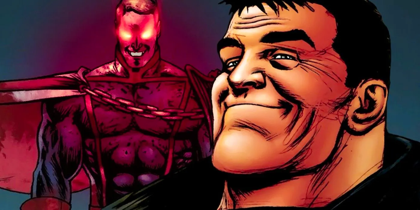 The Boys, Billy Butcher smirking (left) and Homelander with eyes glowing red (right.) Image