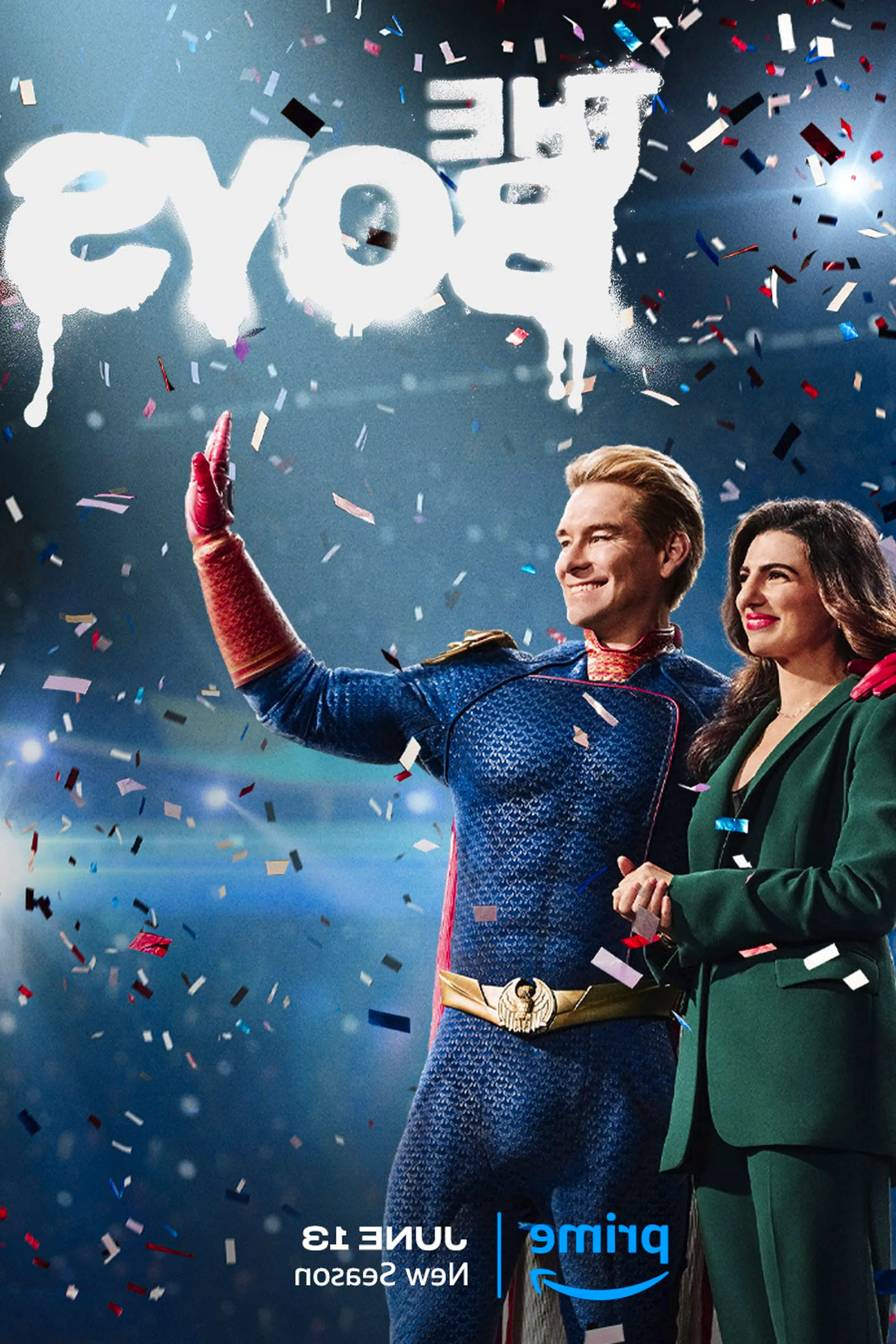 The Boys Season 4 Poster Showing Homelander with Victoria Neuman Surrounded by Confetti Image