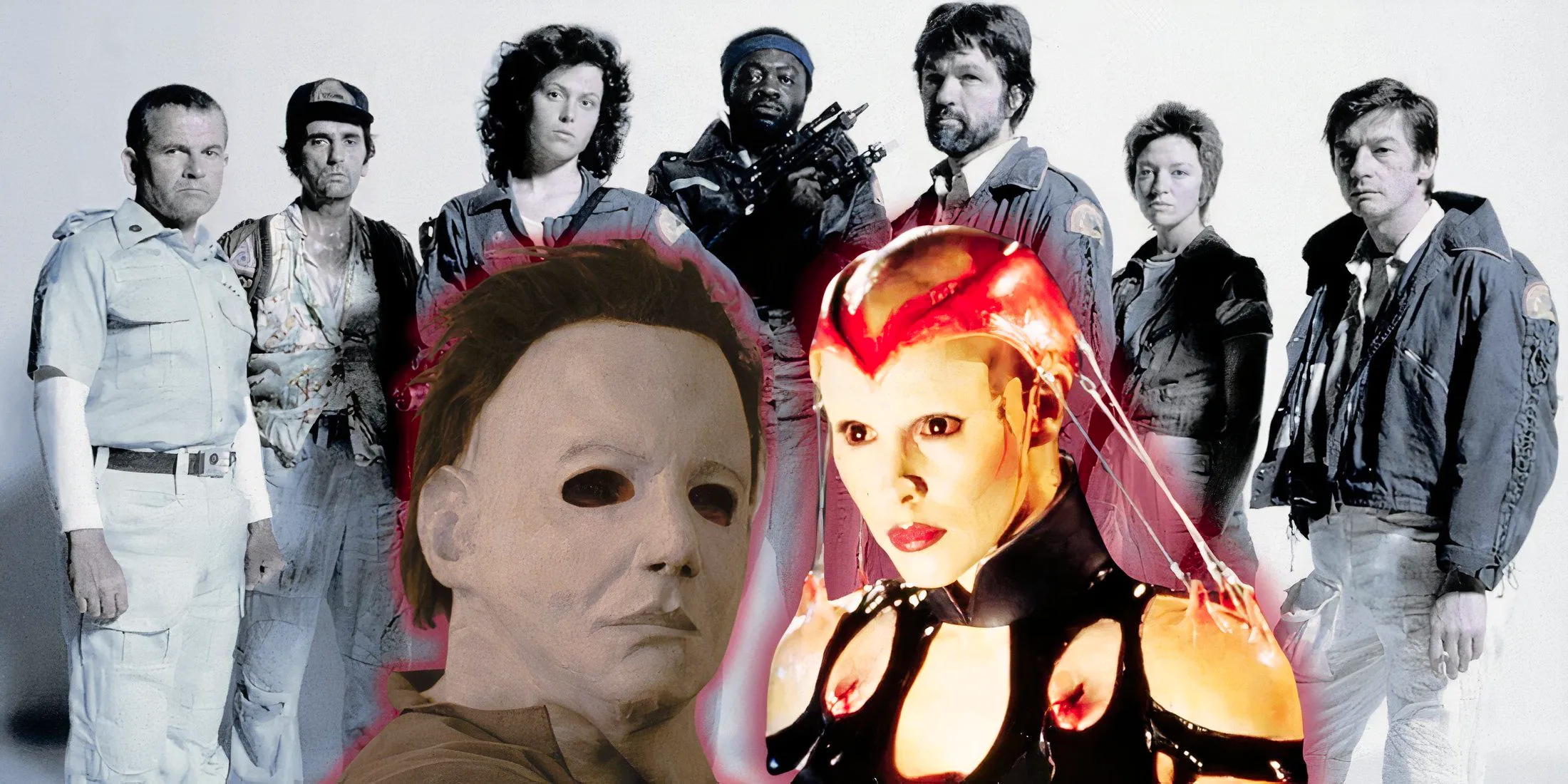 The cast of 1979's Alien behind Angelique from Hellraiser: Bloodlines and Michael from Halloween: 666 Image