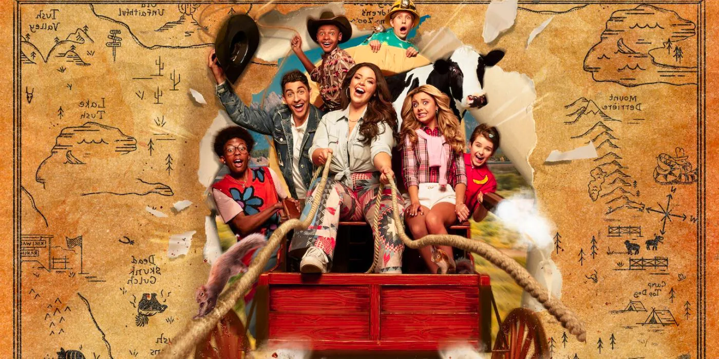 The cast of Bunk'd crashing through a map on a covered wagon. Image