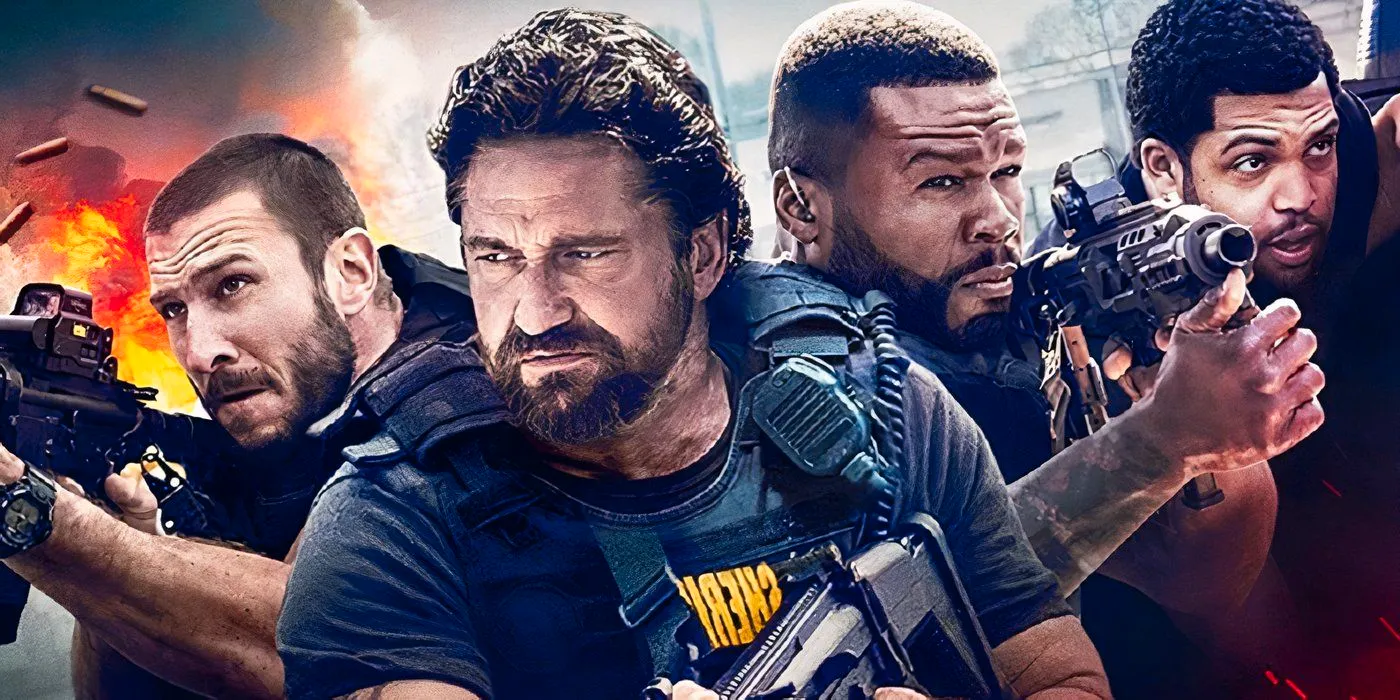 The cast of Den of Thieves pose together with gun in a promotional image Image