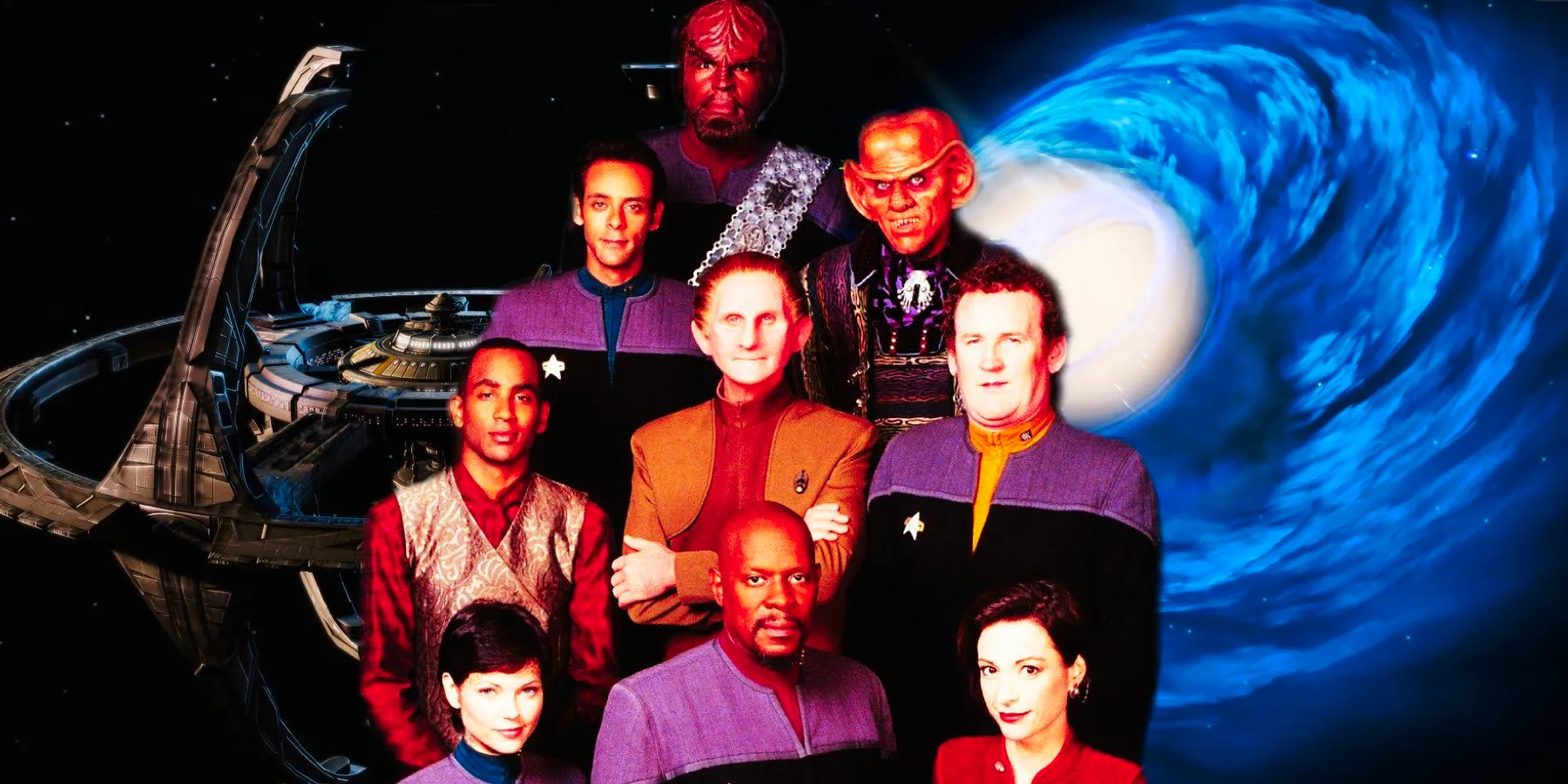 The cast of Star Trek: Deep Space Nine with the DS9 space station and the Gamma Quadrant wormhole in the background. Image