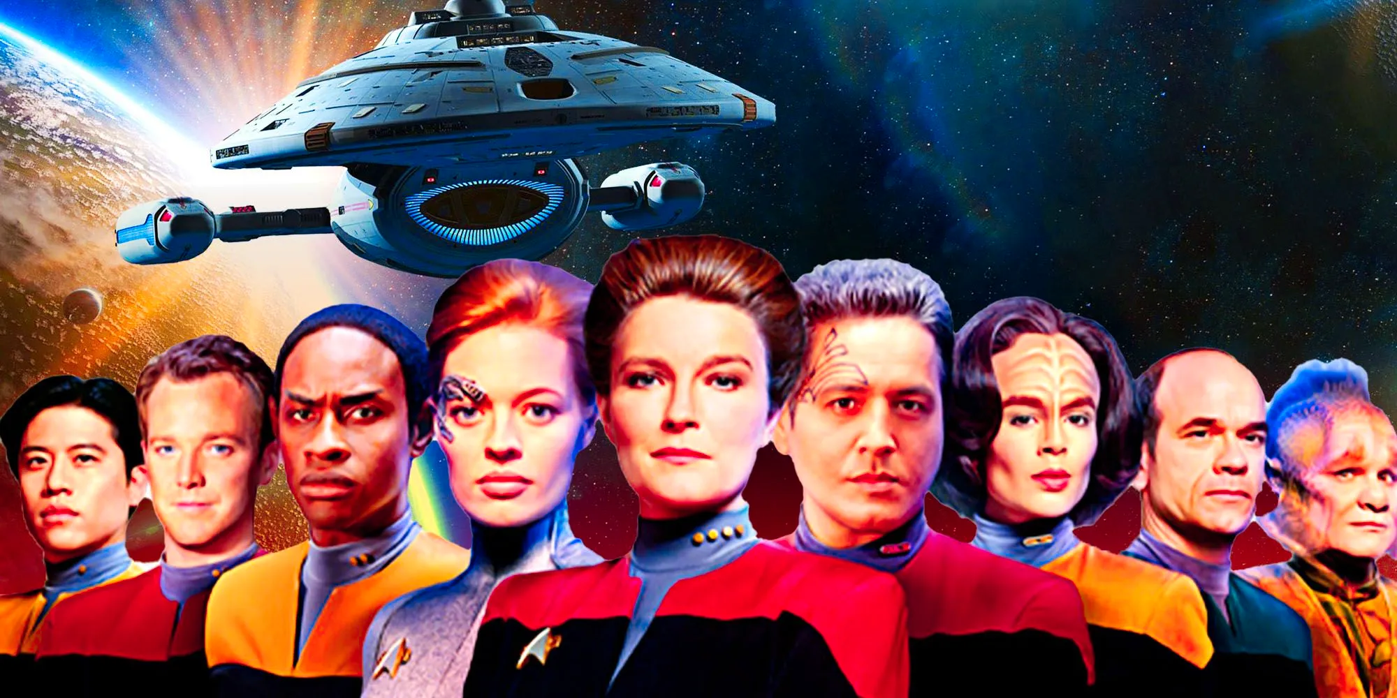 The cast of Star Trek: Voyager with the USS Voyager in the background.  Image