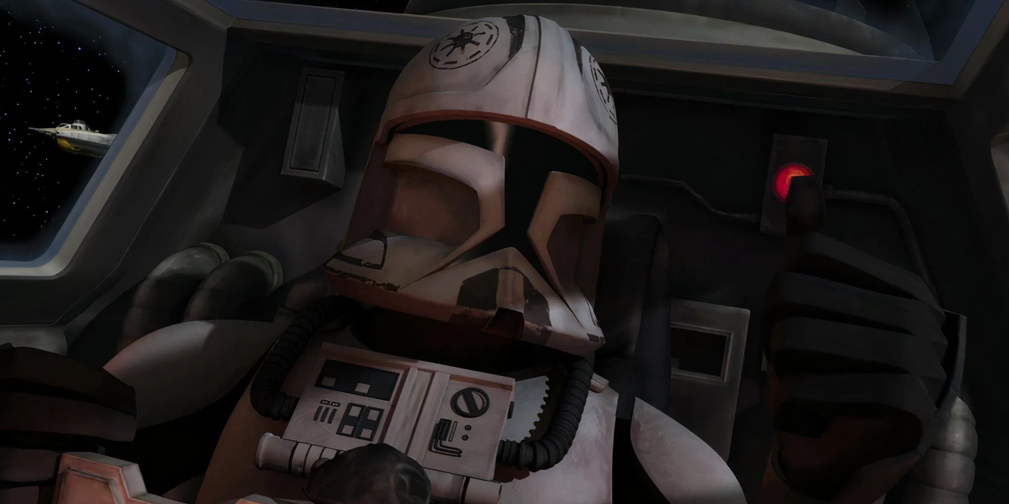 The clone pilot Broadside pilots his Y-wing through the galaxy in Star Wars: The Clone Wars. Image