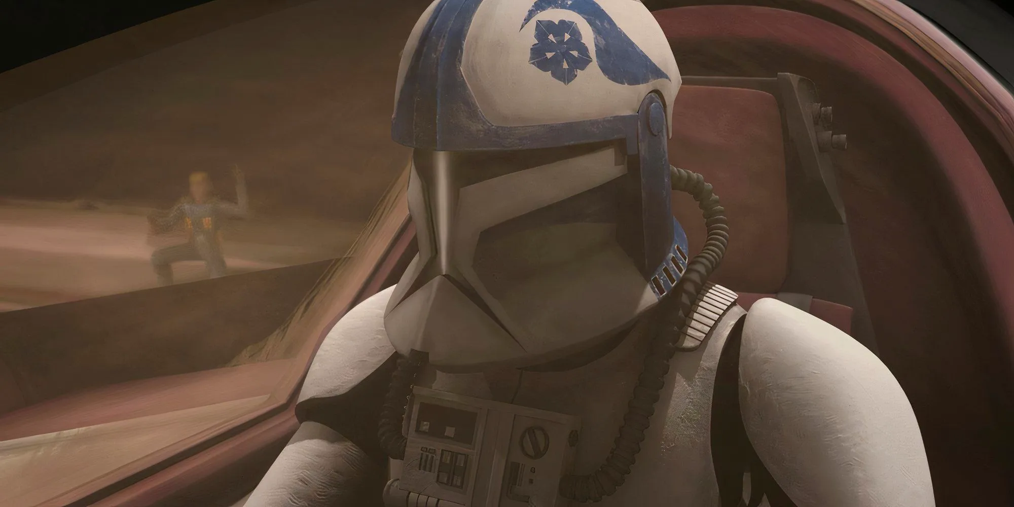 The clone pilot Kickback prepares in his fighter for takeoff in Star Wars: The Clone Wars. Image