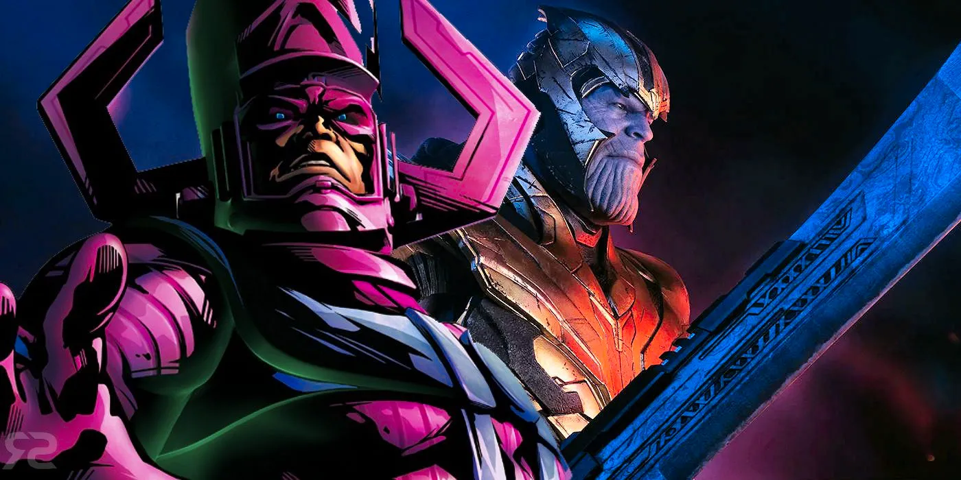 The comic book version of Galactus pasted over Thanos from the MCU's Avengers Endgame. Image