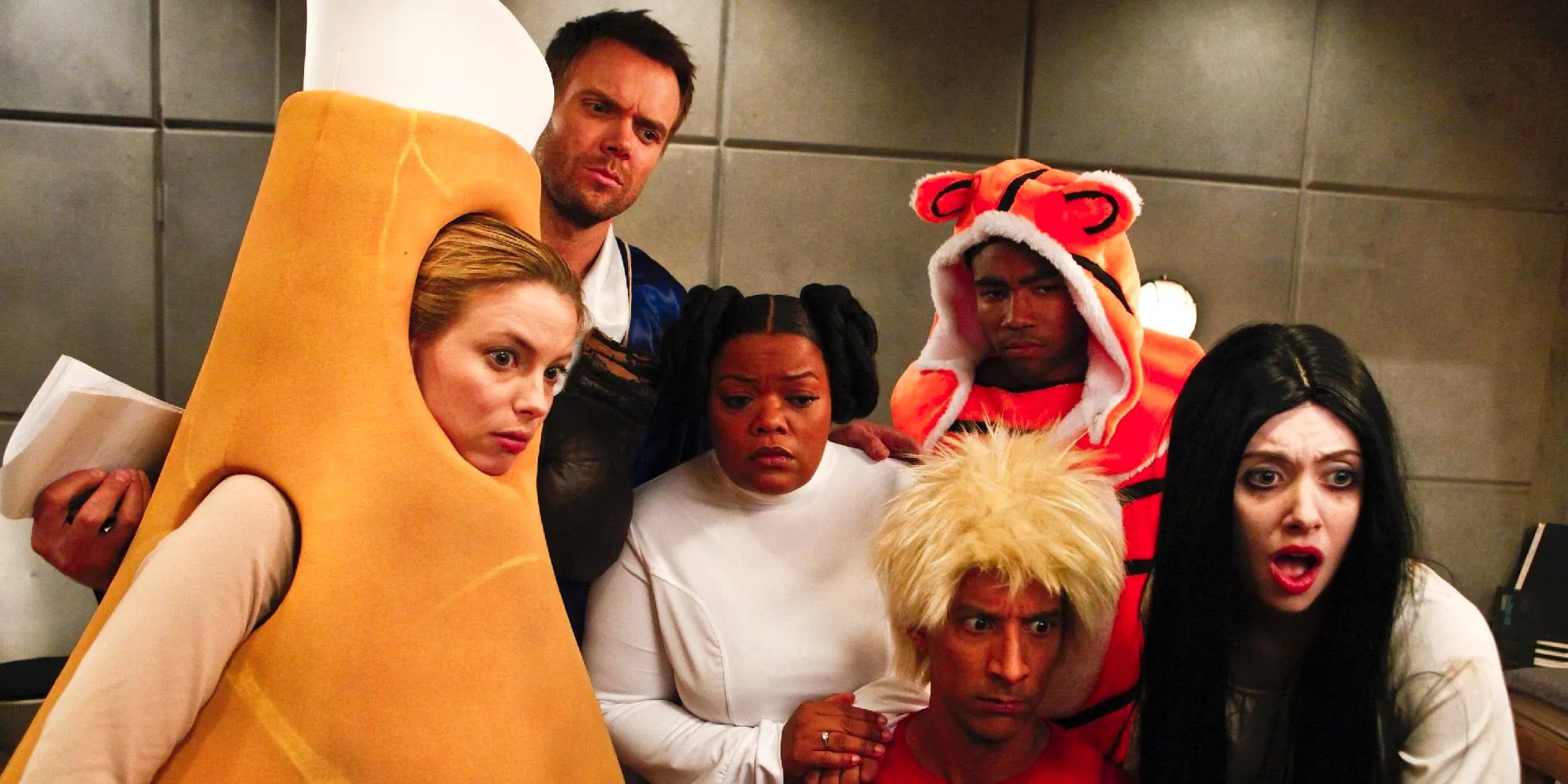 The Community cast looks distressed while wearing halloween outfits Image