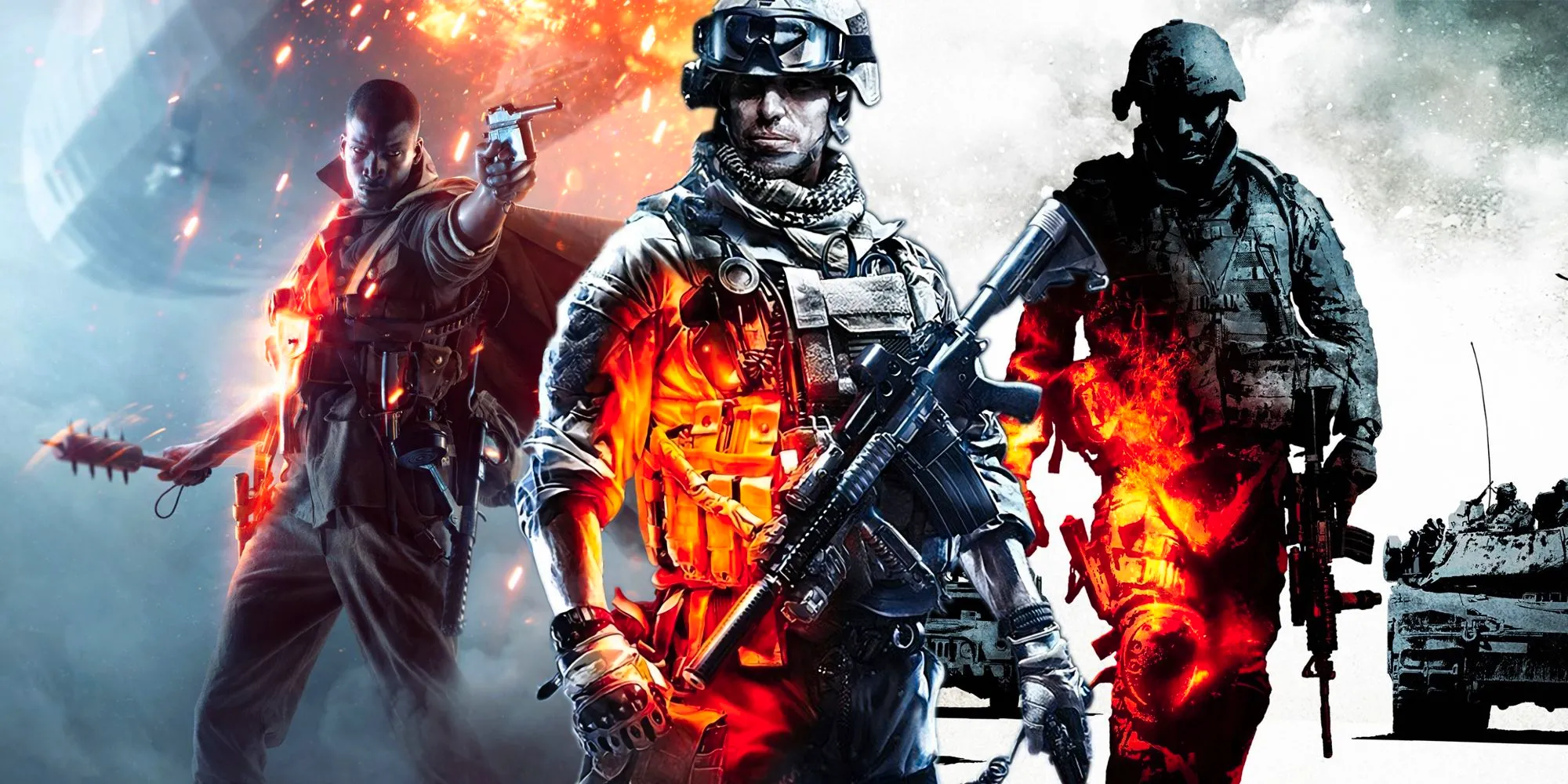 The cover arts for Battlefield: Bad Company 2 and Battlefield 1 behind the cover soldier from Battlefield 3. Image