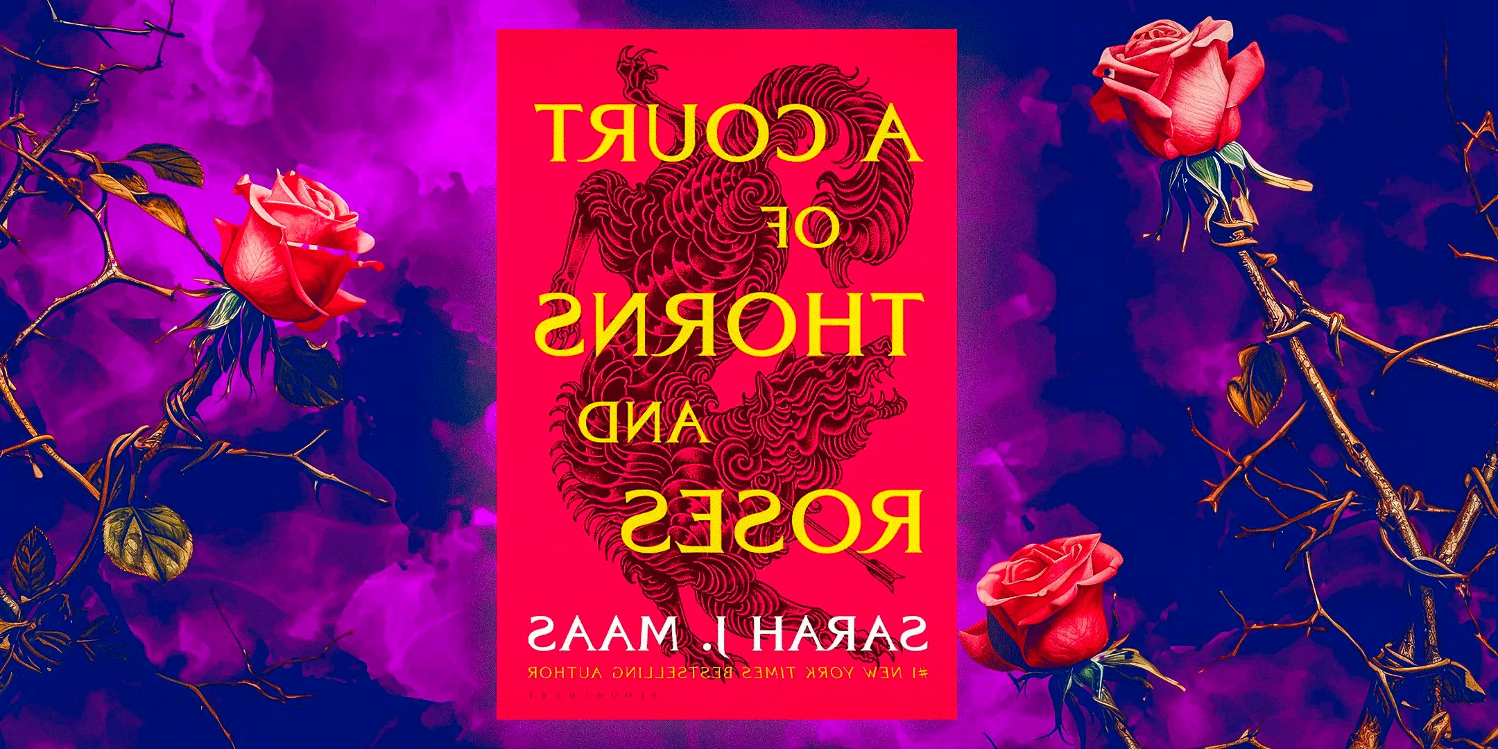 The cover of A Court of Thorns & Roses by Sarah J. Maas with purple clouds and roses as the background Image