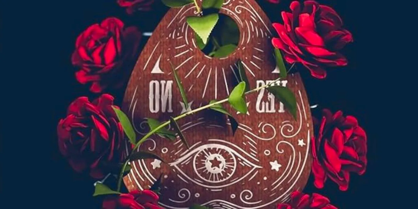 The cover of I'll Be Waiting by Kelley Armstrong featuring the planchette of a Quija board surrounded by roses Image