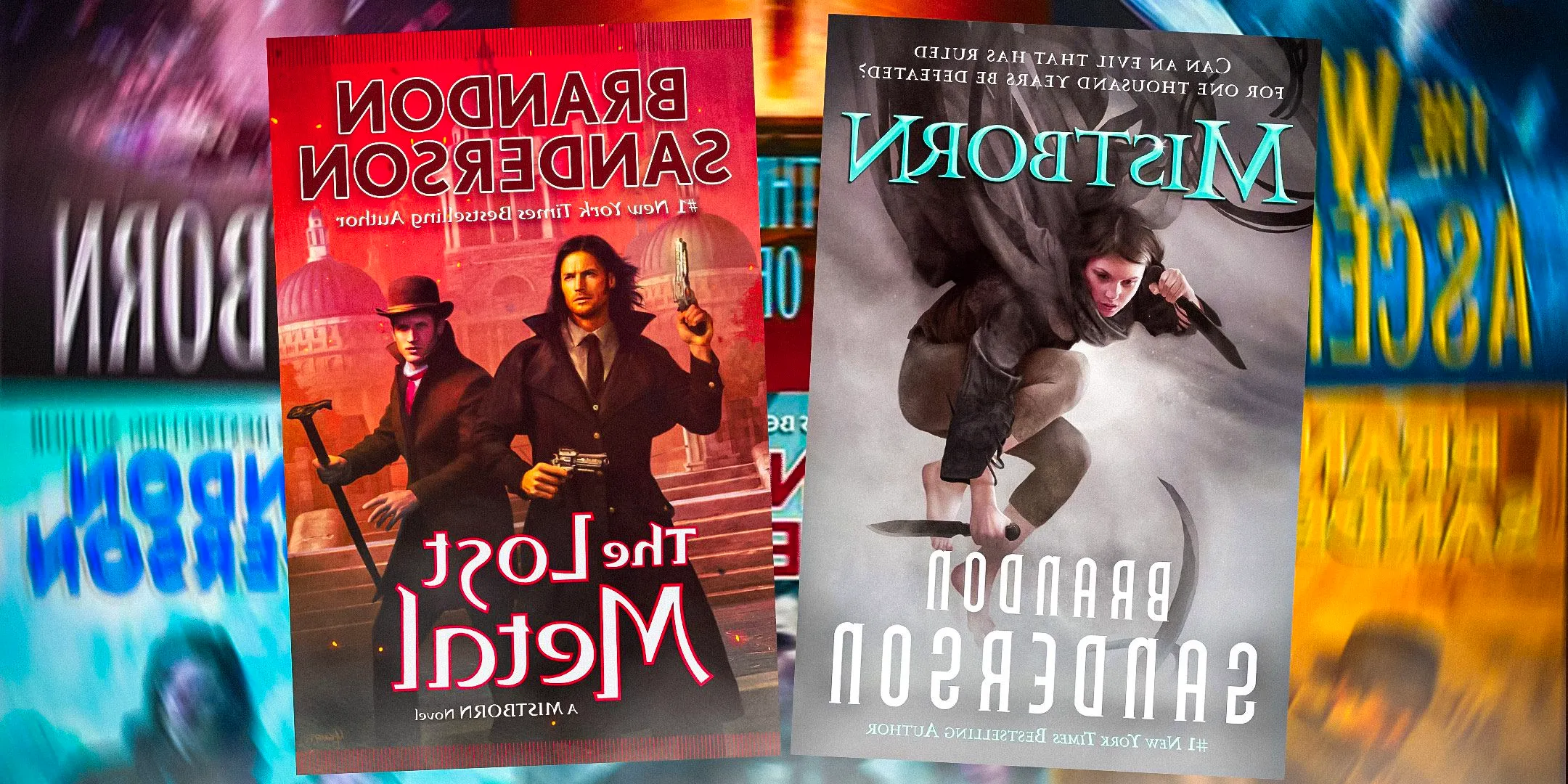 The cover of Mistborn: The Final Empire and The Lost Metal in front of the other Mistborn covers Image