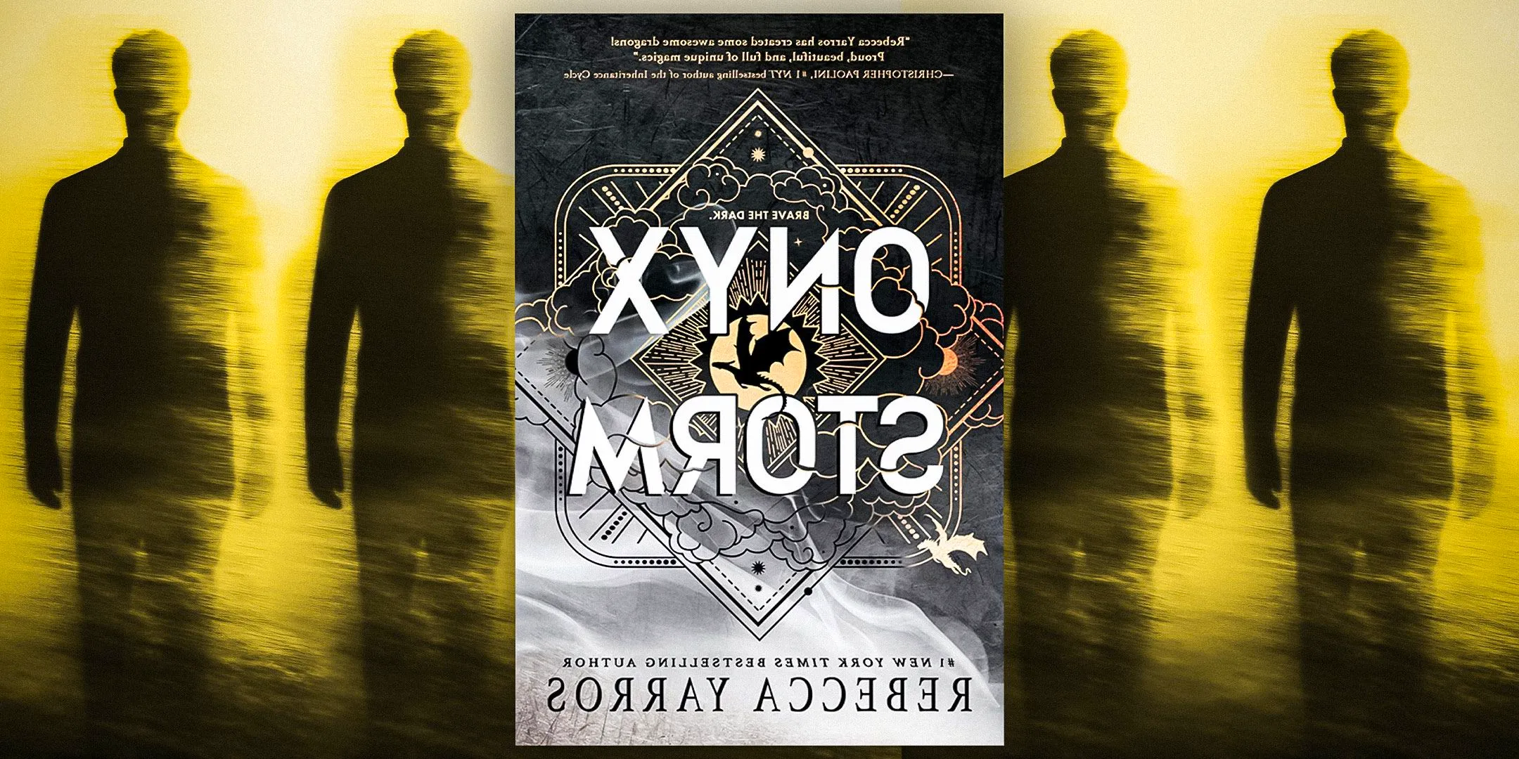 The cover of Onyx Storm by Rebecca Yarros in front of a background showing four shadows walking Image