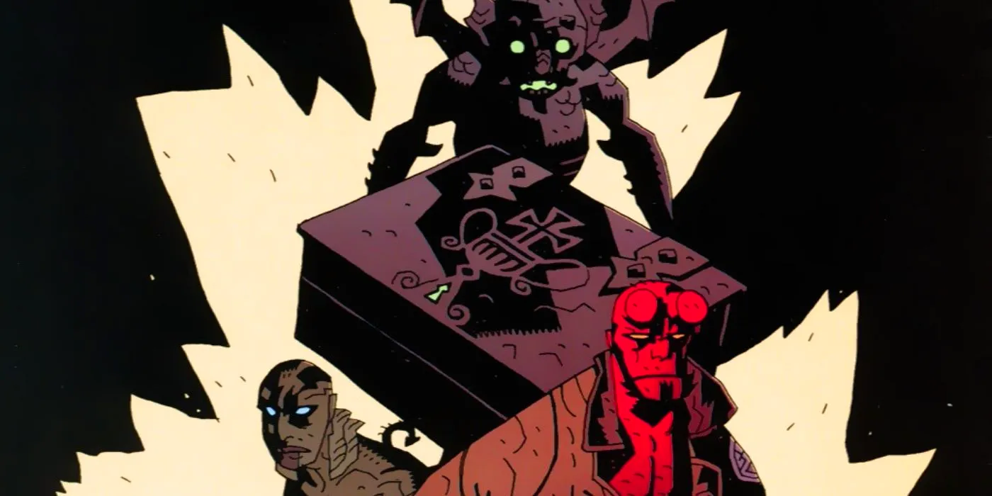 The cover to Hellboy Box Full Of Evil featuring Hellboy and two other characters Image