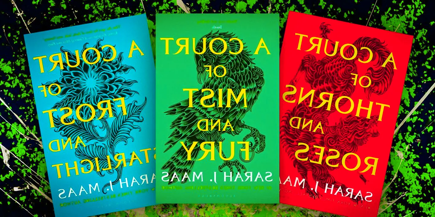 The covers of ACOTAR, ACOMAF, and ACOFAS with a green splatter background Image