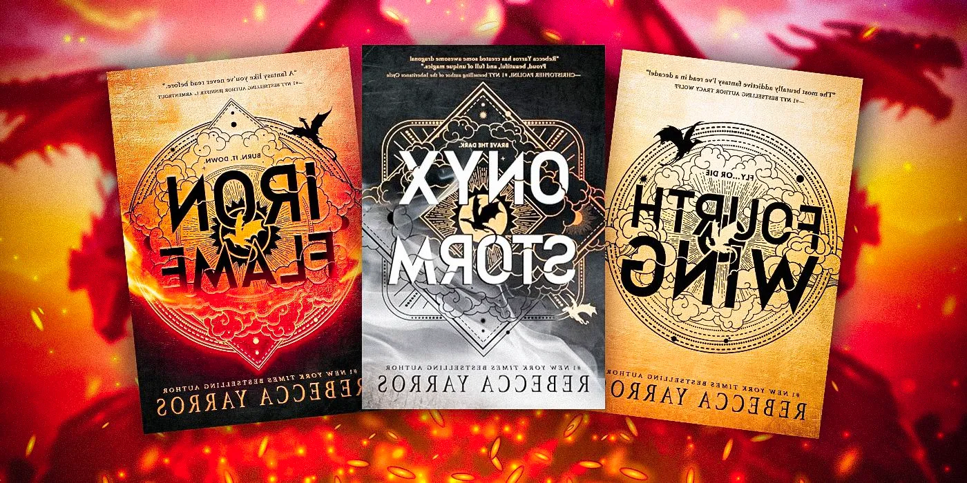 The covers of Fourth Wing, Onyx Storm, and Iron Flame in front of a fiery background Image