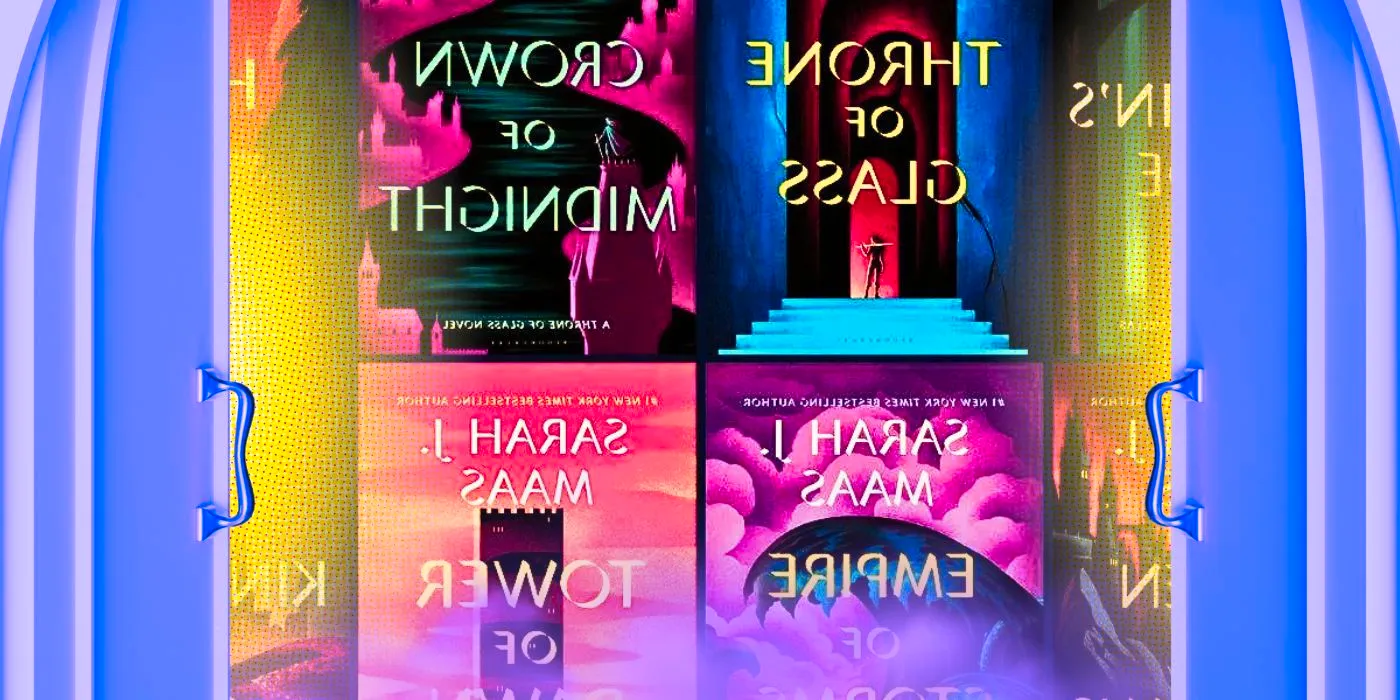 The covers of Sarah J. Maas' Throne of Glass books with purple doors in either side of them Image