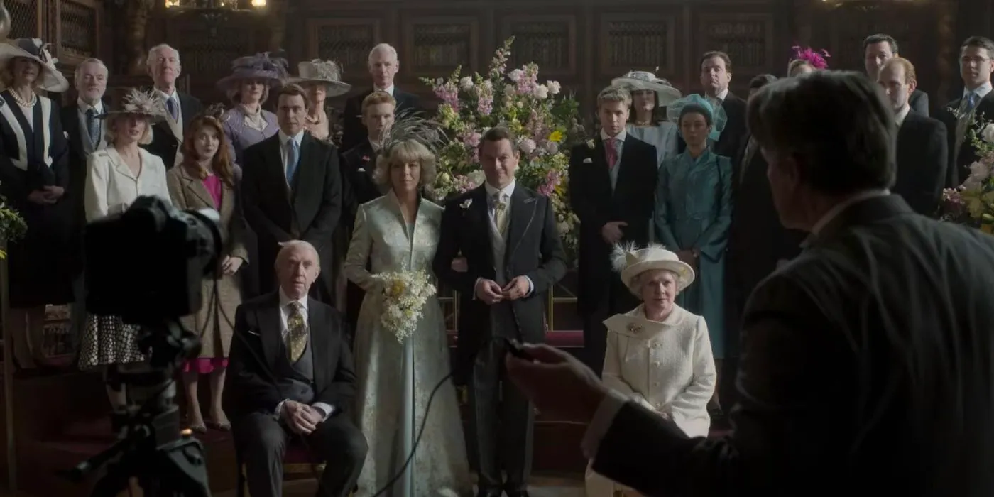 The Crown cast takes an official photo at Prince Charles and Camilla's wedding in season 6 episode 10 Image