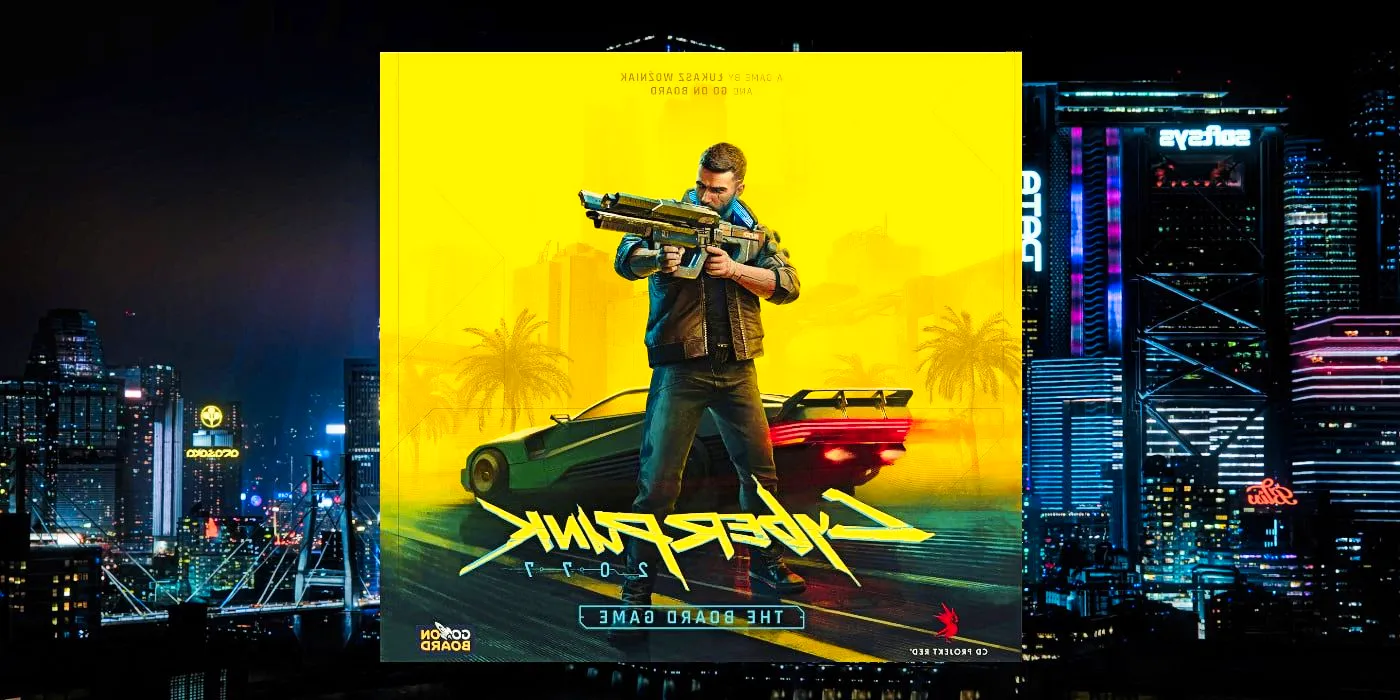 The Cyberpunk Board Game cover, which features V pointing a gun in front of a car over a yellow background, superimposed on a smoggy vista of Night City. Image