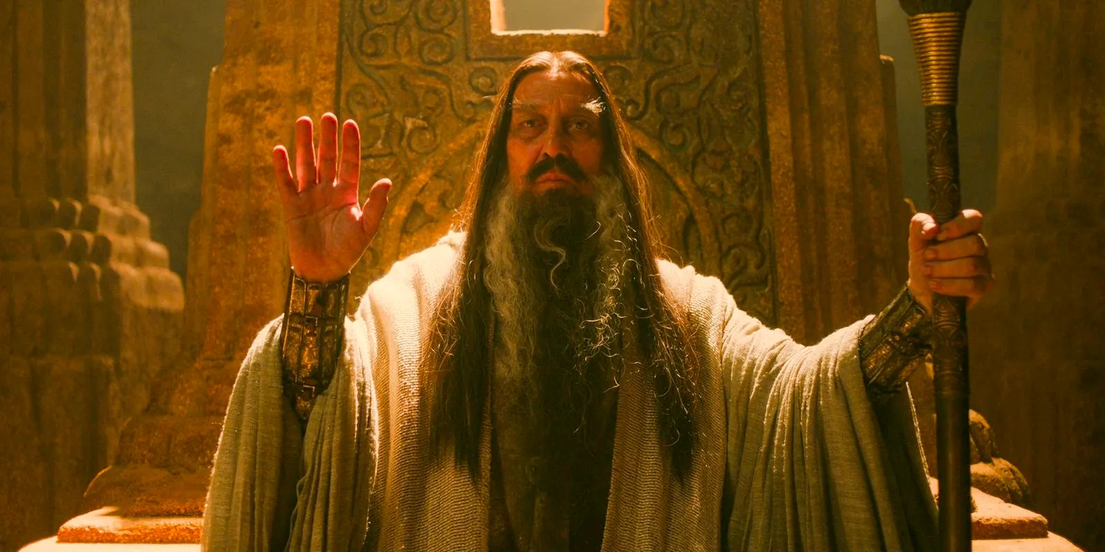 The Dark Wizard (Ciarán Hinds), who appears to be Saruman in The Lord of the Rings: The Rings of Power Season 2 Episode 2 Image