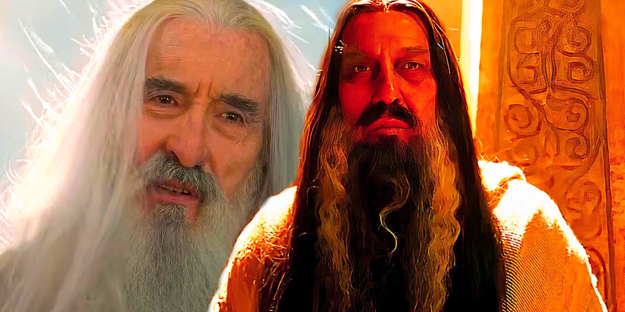 The Dark Wizard in Rings of Power next to Saruman in The Lord of the Rings The Return of the King Image