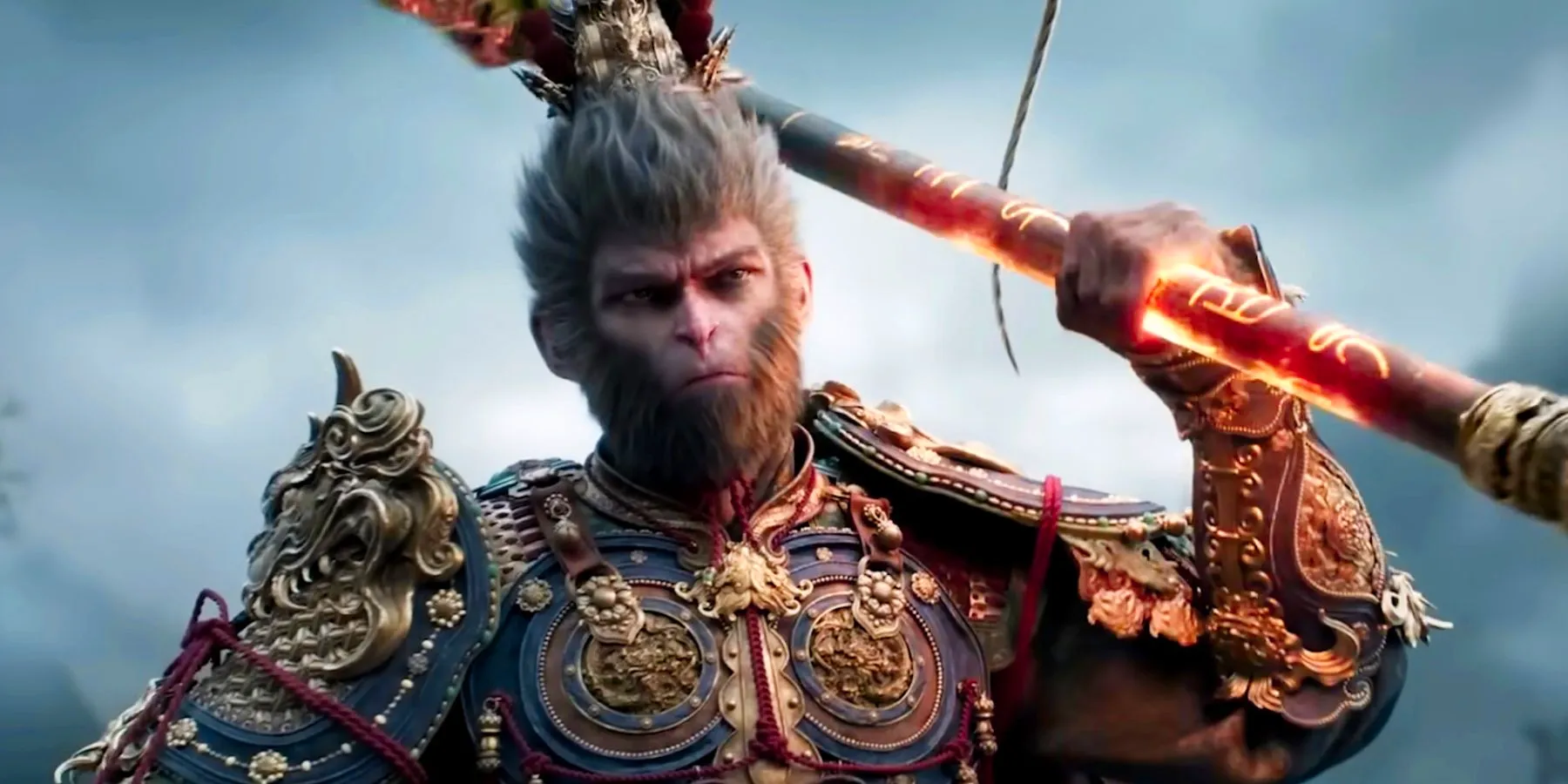 The Destined One from Black Myth Wukong, a monkey wearing armor and holding a weapon over his head. Image