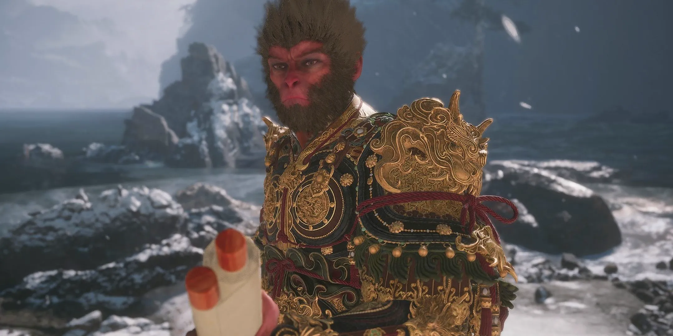 The Destined One holding a scroll in a snowy environment in Black Myth: Wukong. Image