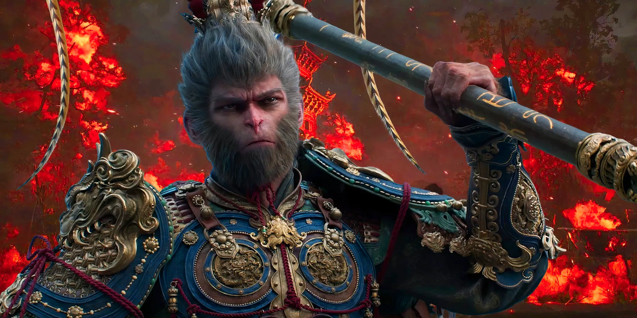 The Destined One holding a staff in Black Myth: Wukong with a burning temple behind him. Image